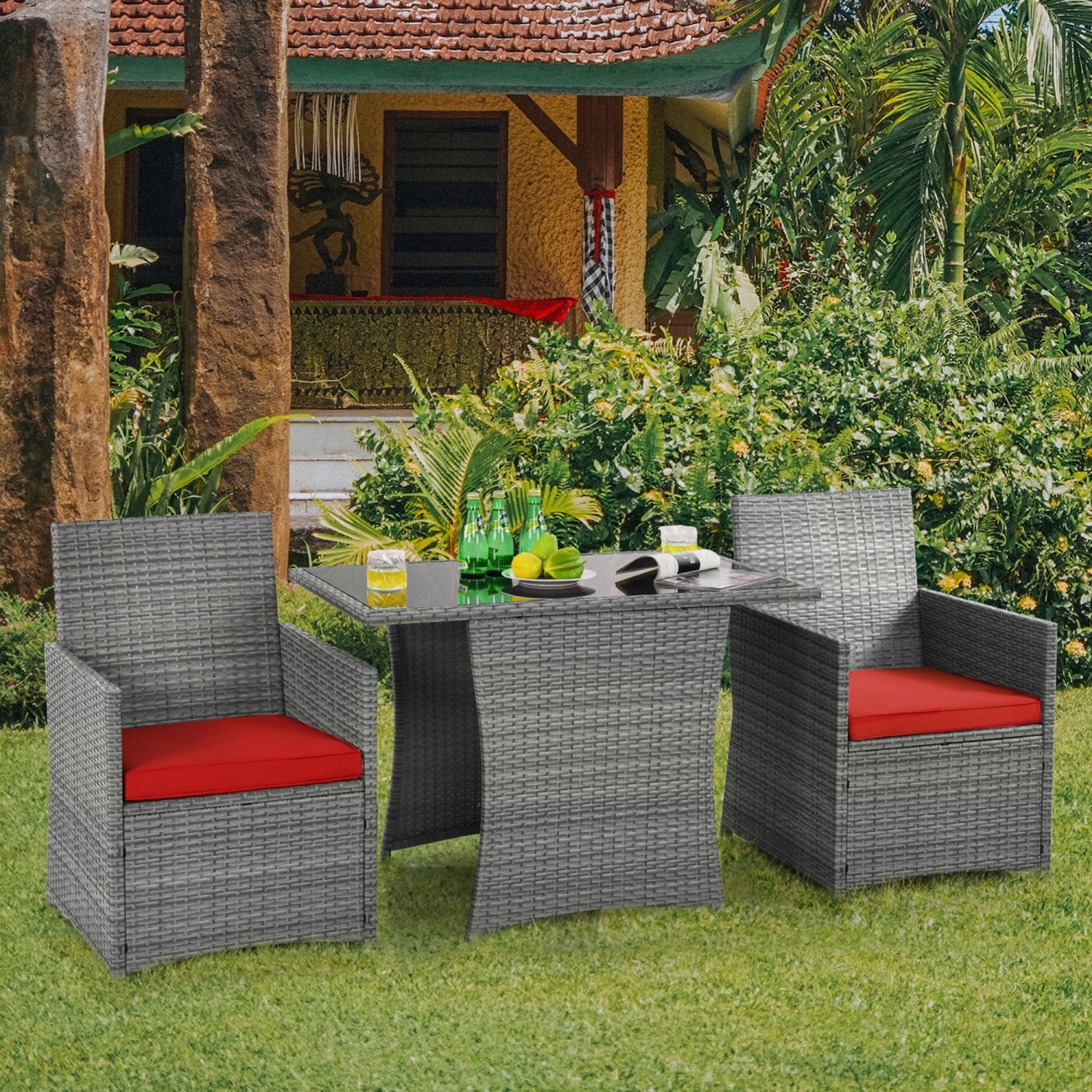 Gymax 3PCS Outdoor Rattan Conversation Set Patio Dining Table Set w/ Red Cushions