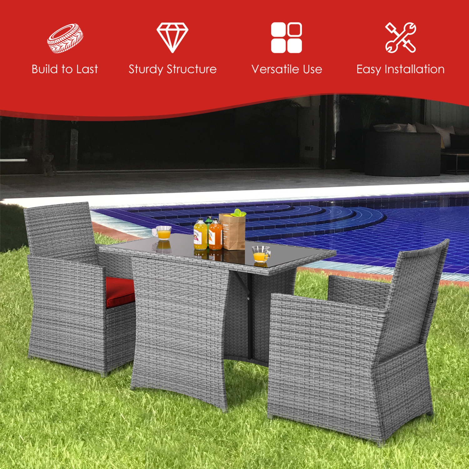 Gymax 3PCS Outdoor Rattan Conversation Set Patio Dining Table Set w/ Red Cushions