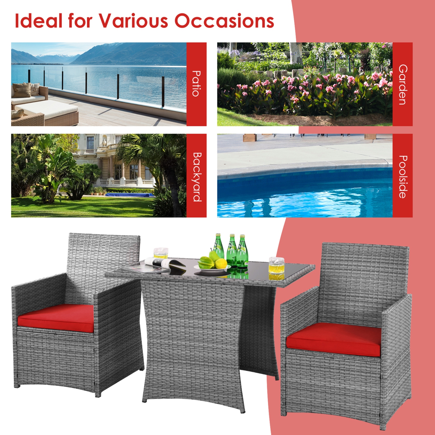 Gymax 3PCS Outdoor Rattan Conversation Set Patio Dining Table Set w/ Red Cushions