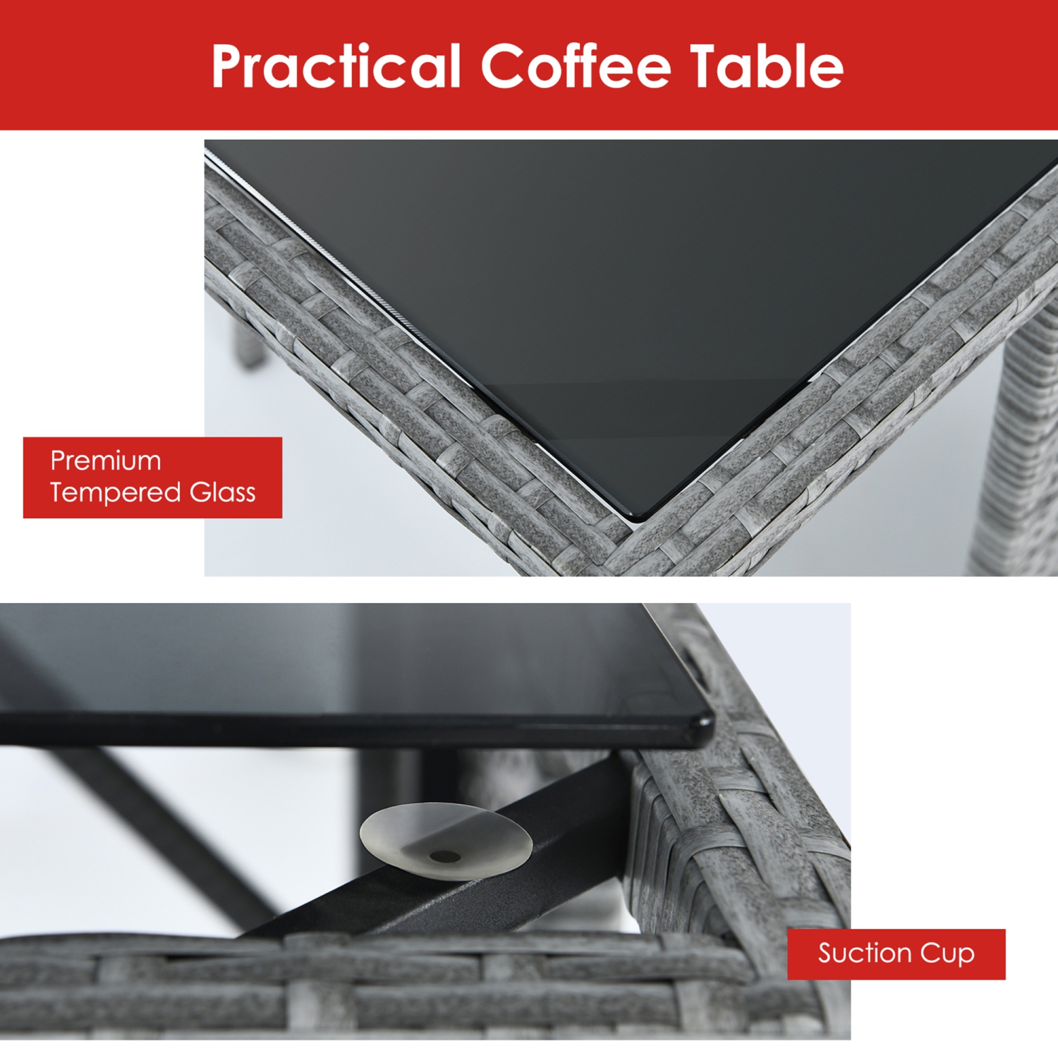 Gymax 3PCS Outdoor Rattan Conversation Set Patio Dining Table Set w/ Red Cushions