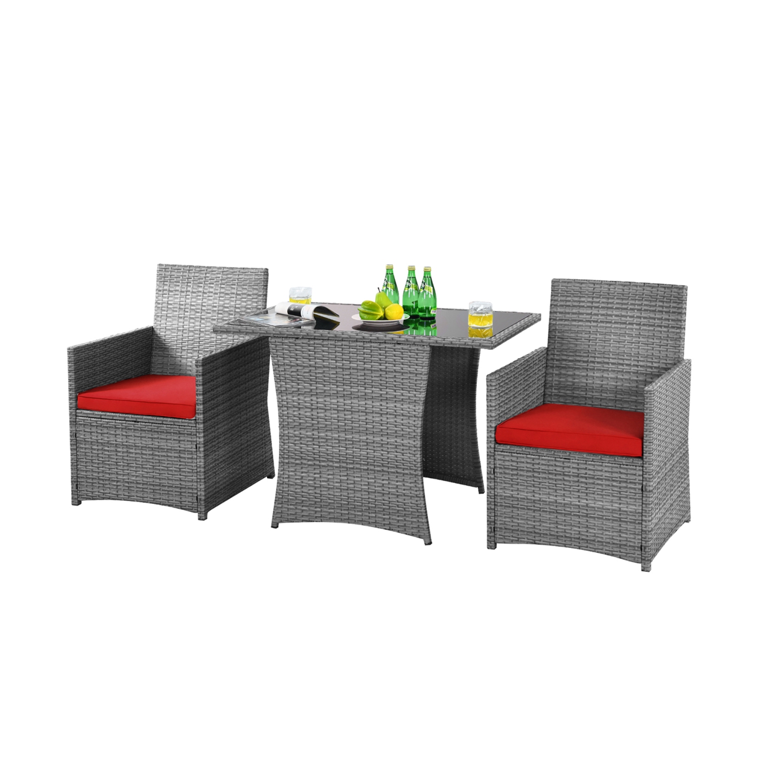 Gymax 3PCS Outdoor Rattan Conversation Set Patio Dining Table Set w/ Red Cushions
