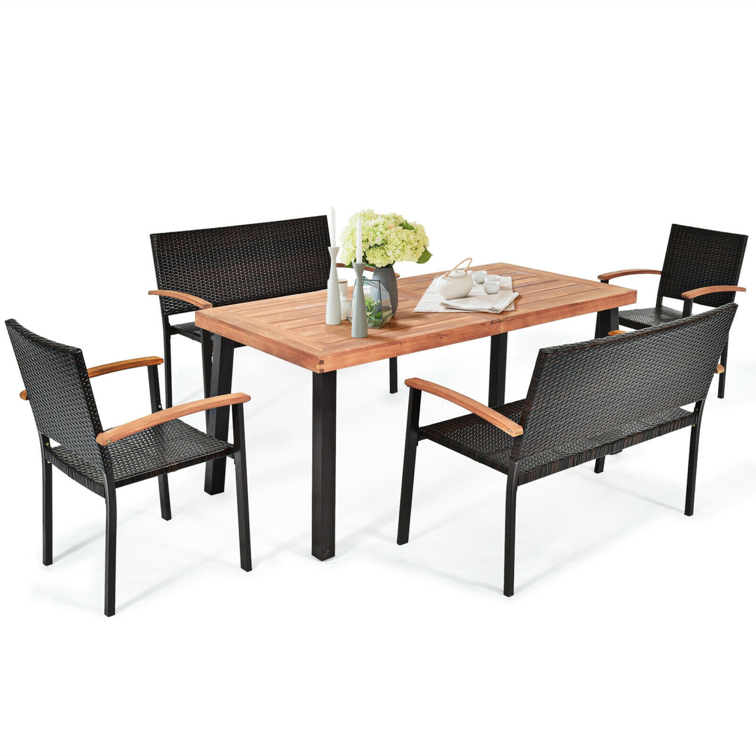 Gymax 5PCS Patio Rattan Dining Set Acacia Wood Tabletop Stackable Chair Bench