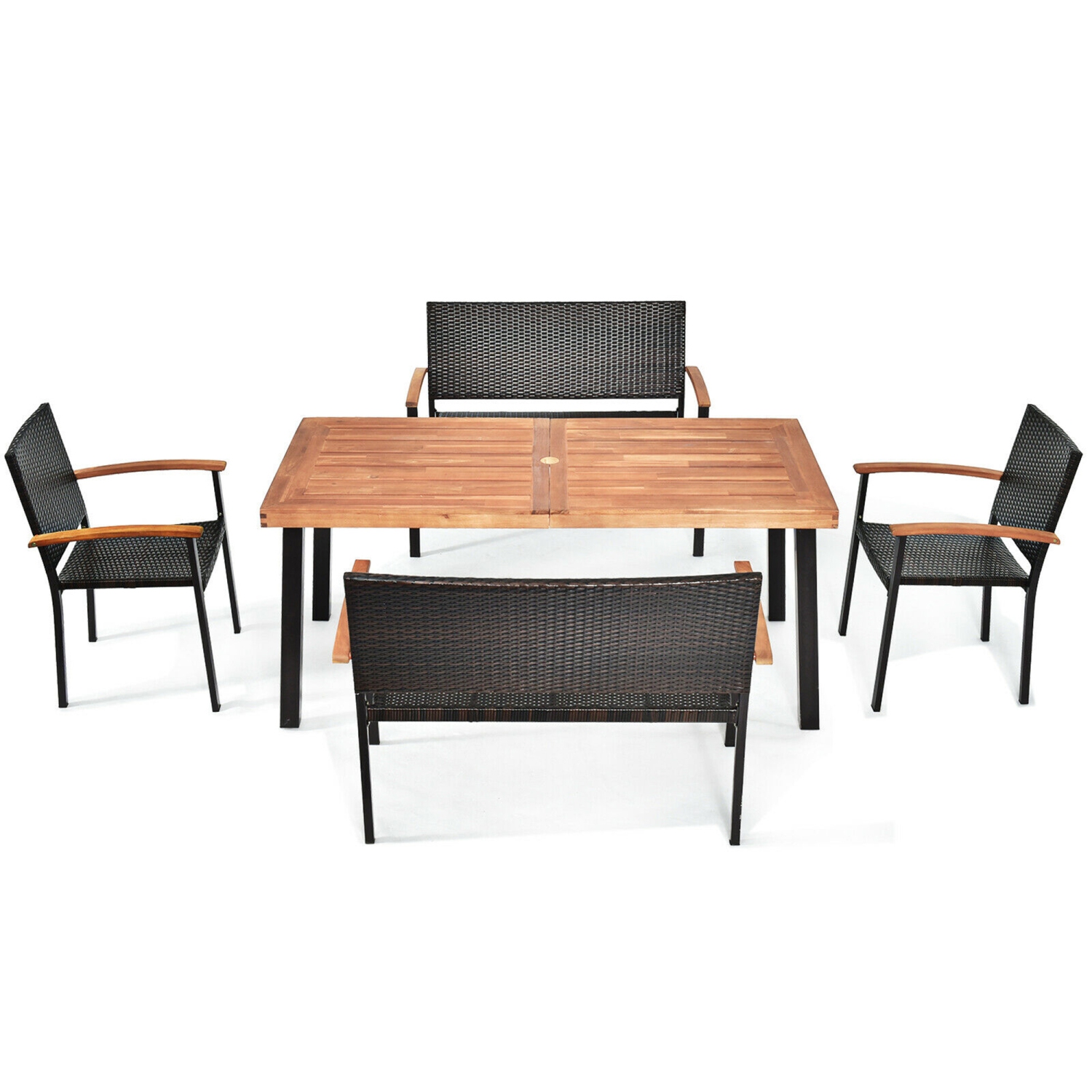 Gymax 5PCS Patio Rattan Dining Set Acacia Wood Tabletop Stackable Chair Bench