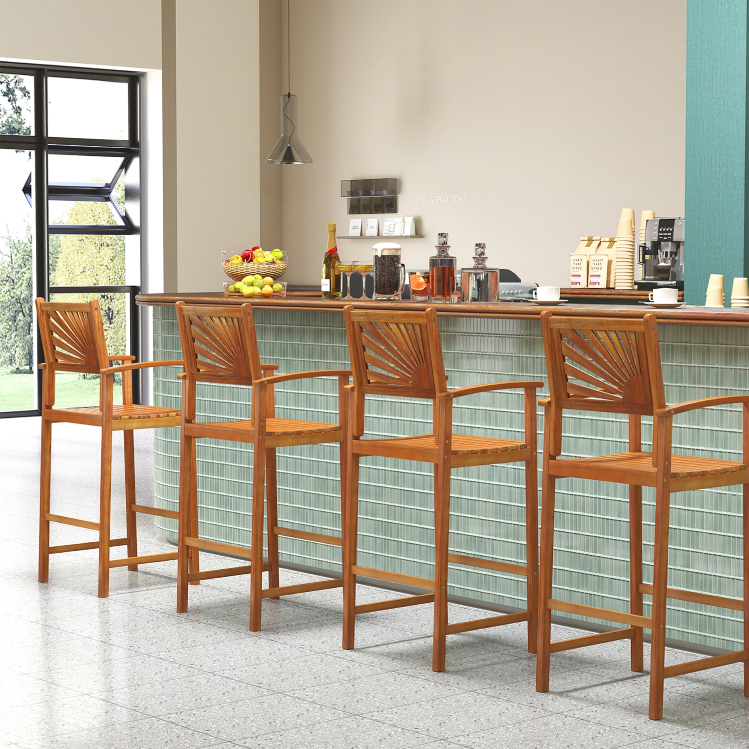 Gymax Set of 4 Outdoor Acacia Wood Bar Stools Bar Height Patio Chairs w/ Backrests
