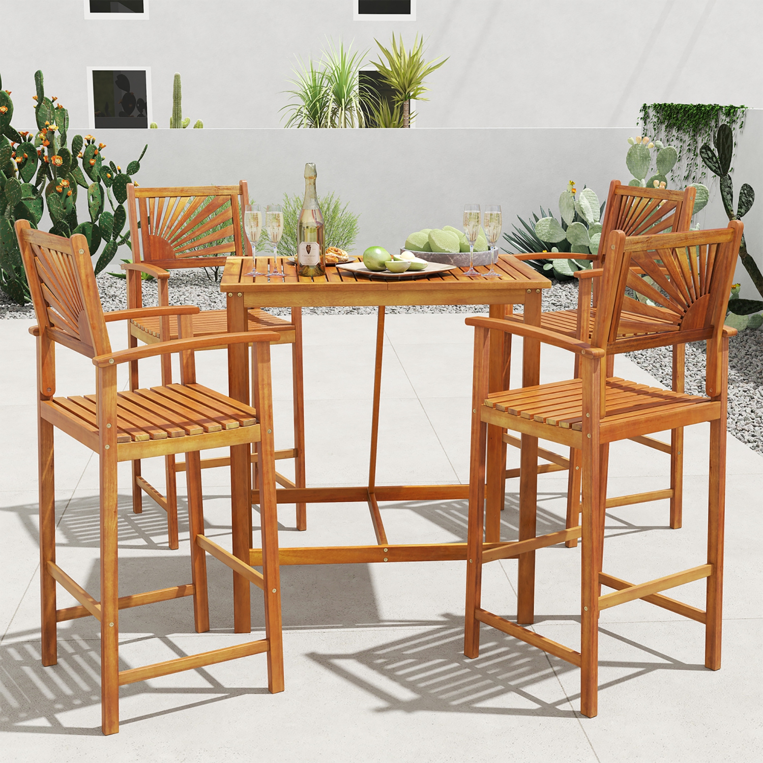 Gymax Set of 4 Outdoor Acacia Wood Bar Stools Bar Height Patio Chairs w/ Backrests