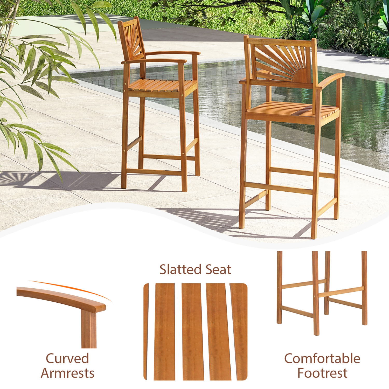 Gymax Set of 4 Outdoor Acacia Wood Bar Stools Bar Height Patio Chairs w/ Backrests