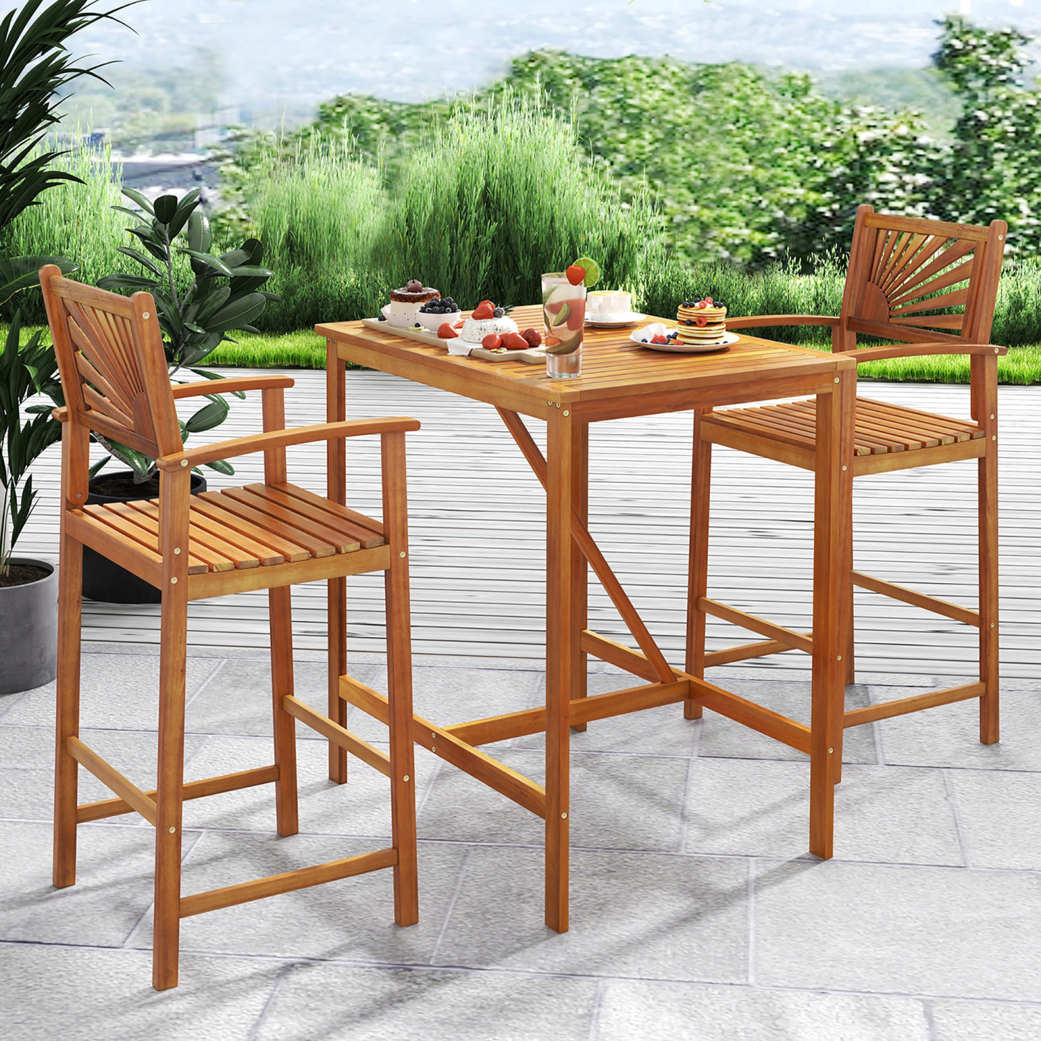 Gymax Set of 4 Outdoor Acacia Wood Bar Stools Bar Height Patio Chairs w/ Backrests