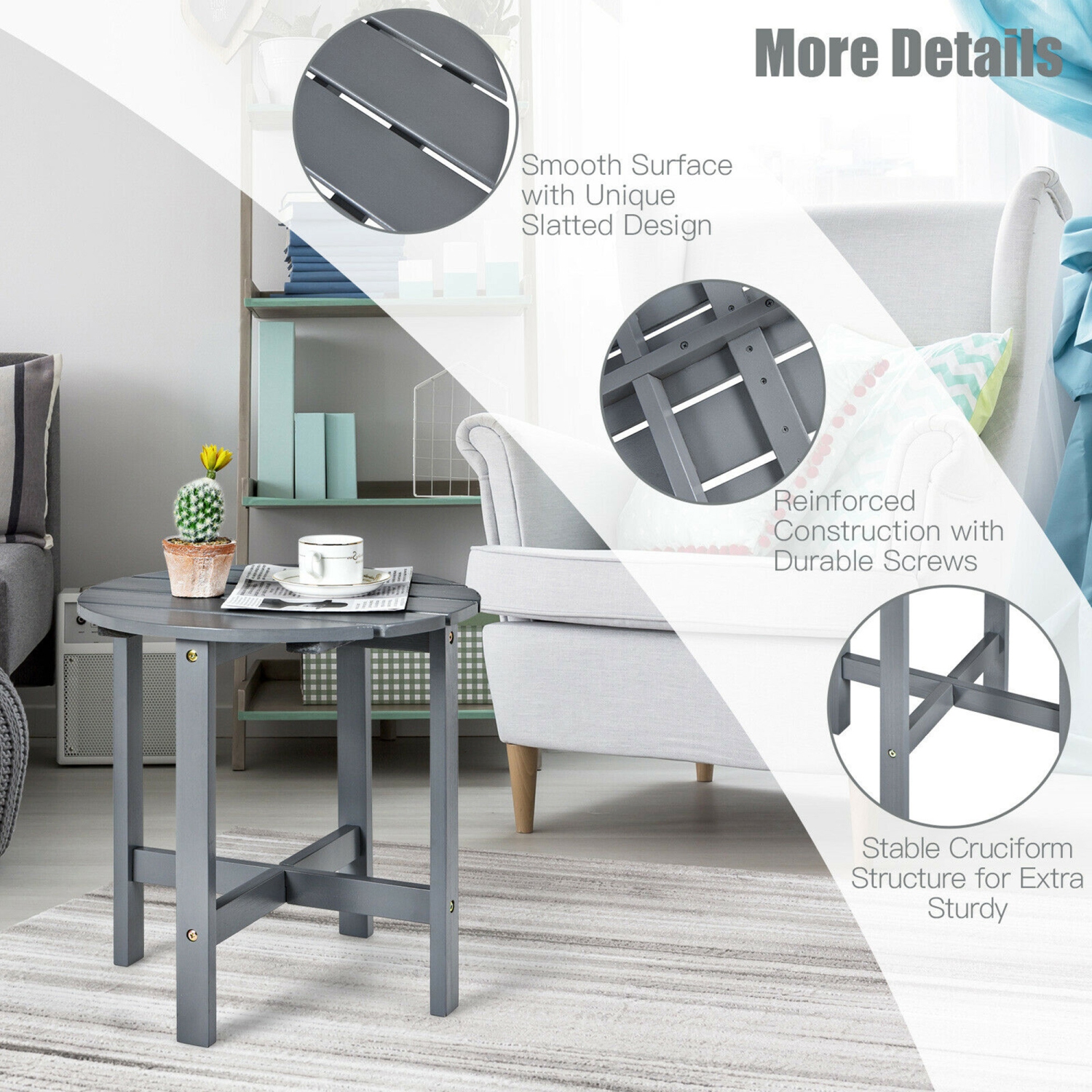 Gymax 18'' Patio Round Side End Coffee Table Wooden Slat Garden Deck