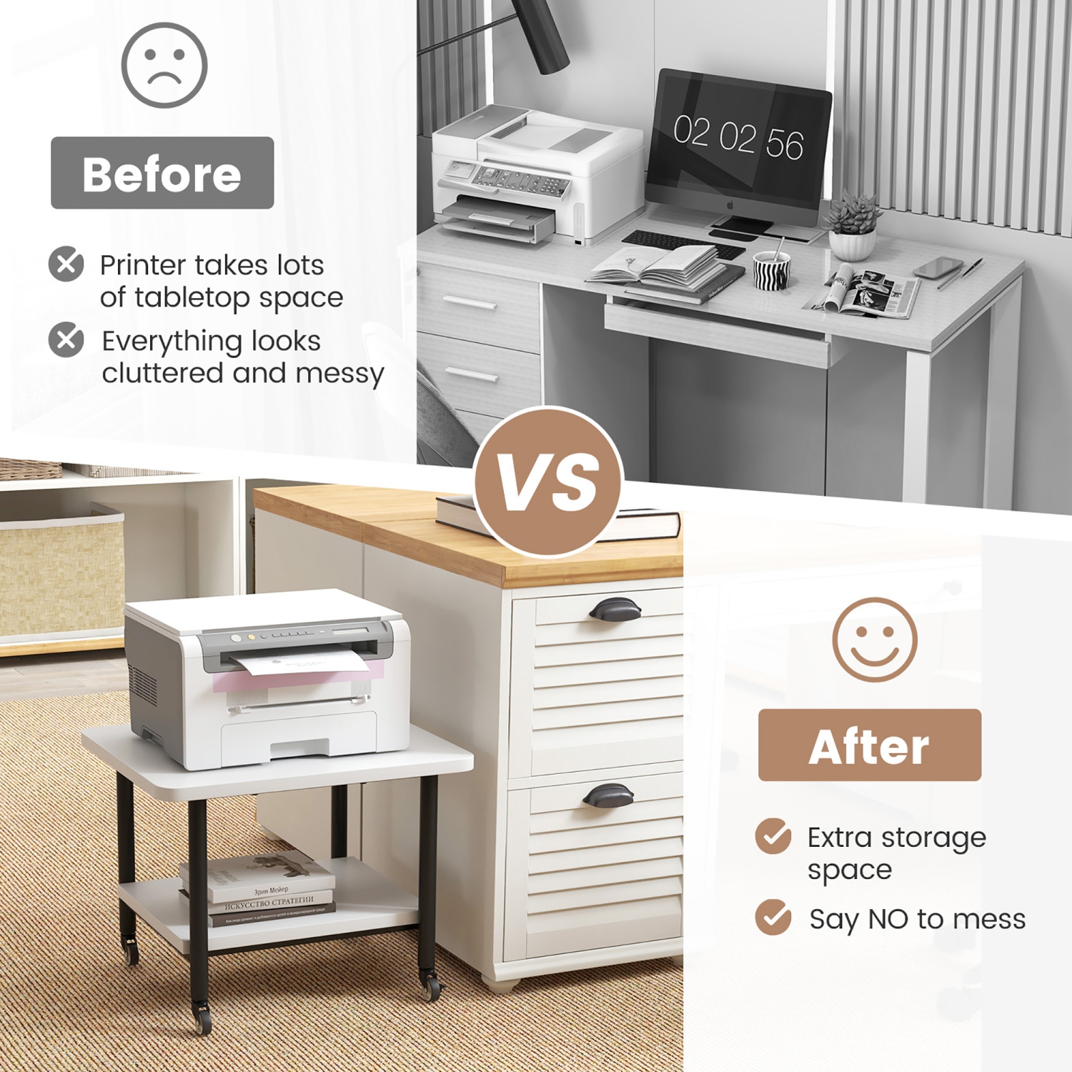 Gymax 2-Tier Rolling Under Desk Printer Cart Machine Stand Storage Rack White