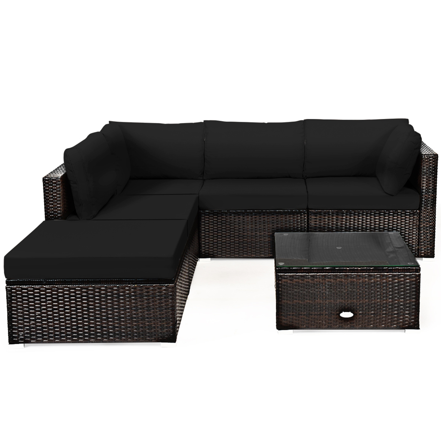 Gymax 6PCS Rattan Patio Sectional Sofa Set Outdoor Furniture Set w/ Black Cushions