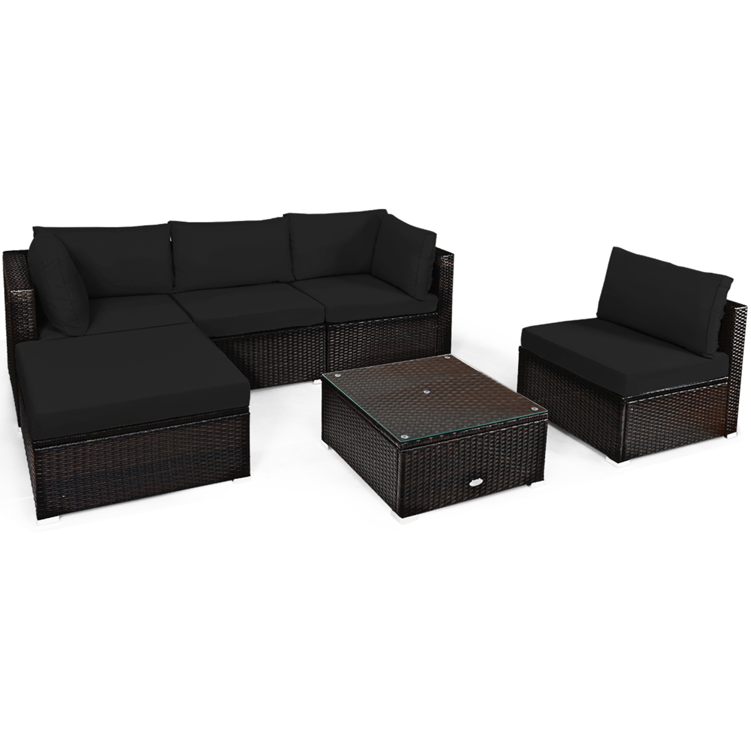 Gymax 6PCS Rattan Patio Sectional Sofa Set Outdoor Furniture Set w/ Black Cushions