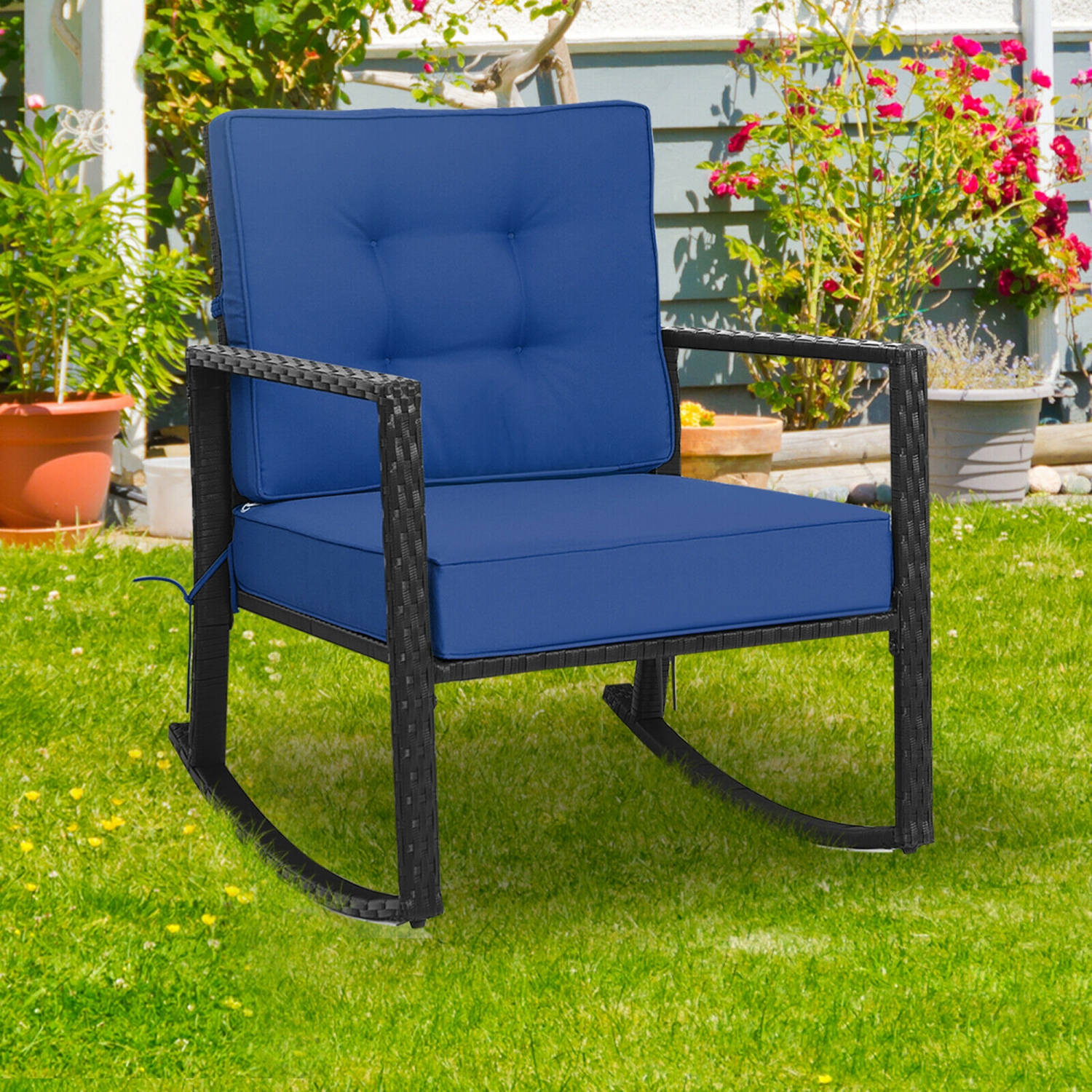 Gymax 2PCS Outdoor Wicker Rocking Chair Patio Rattan Single Chair Glider w/ Navy Cushion