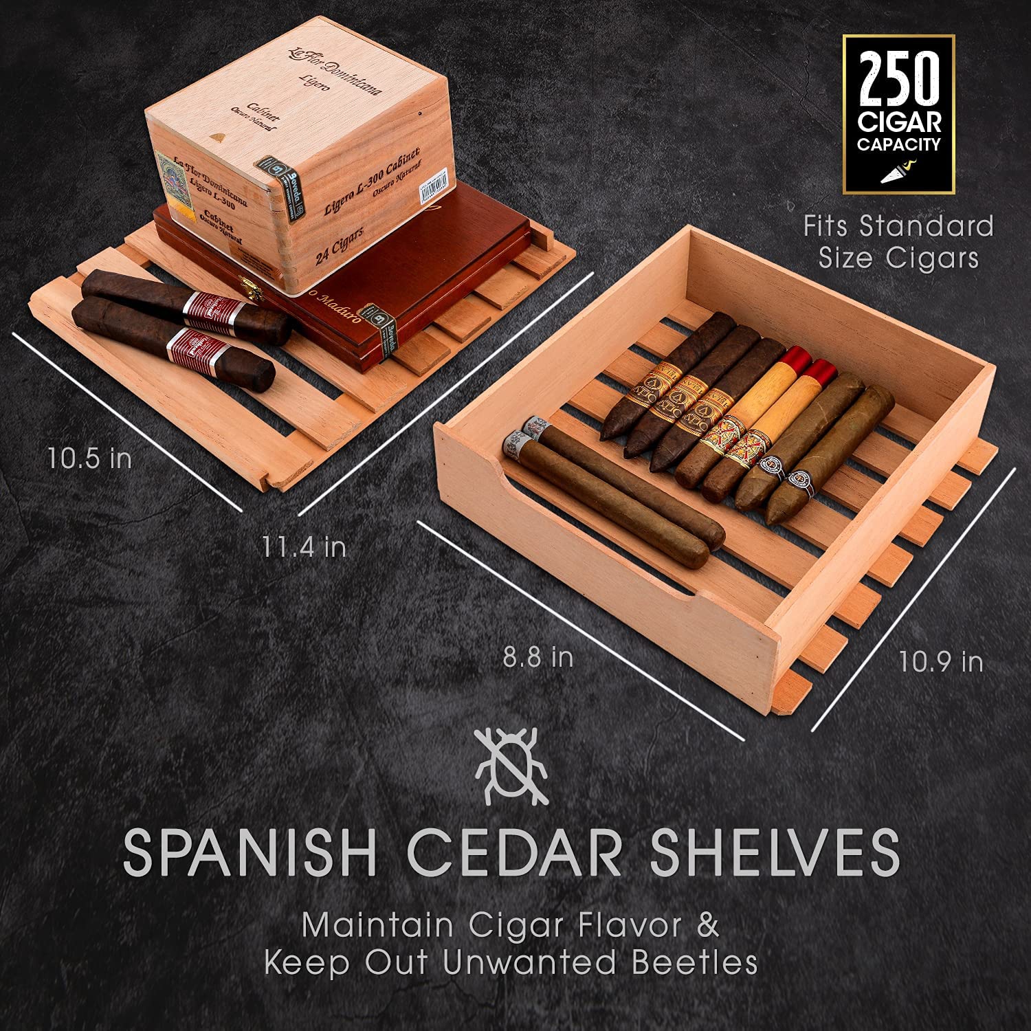 Schmécké 250 Cigar Cooler Humidor with Precise Humidity Control, Stainless Steel Trim Finish Cabinet, Spanish Cedar Wood Shelves and Drawer with