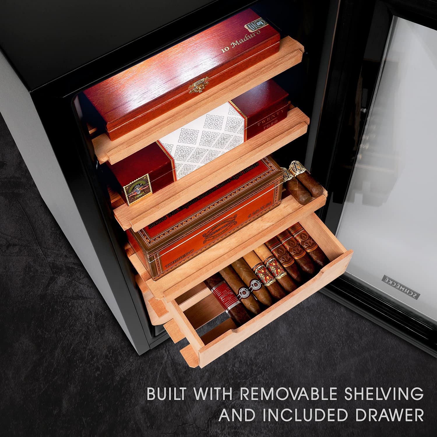 Schmécké 250 Cigar Cooler Humidor with Precise Humidity Control, Stainless Steel Trim Finish Cabinet, Spanish Cedar Wood Shelves and Drawer with