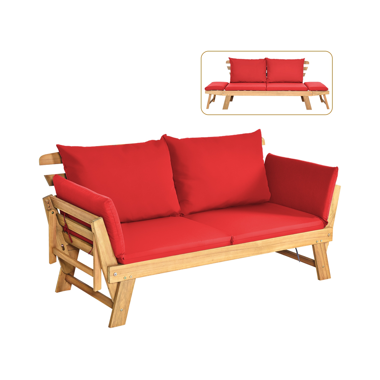 Topbuy Outdoor Folding Daybed Patio Acacia Wood Convertible Couch Sofa Bed TurquoiseRed WhiteDark Grey