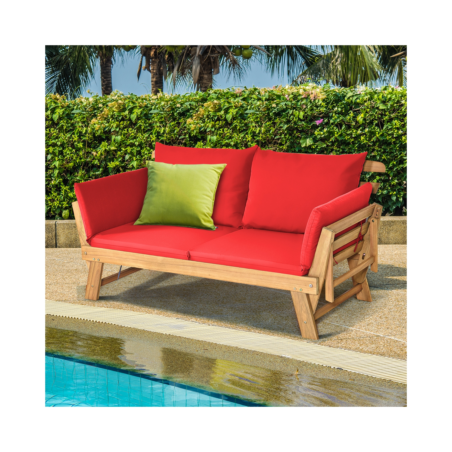 Topbuy Outdoor Folding Daybed Patio Acacia Wood Convertible Couch Sofa Bed TurquoiseRed WhiteDark Grey