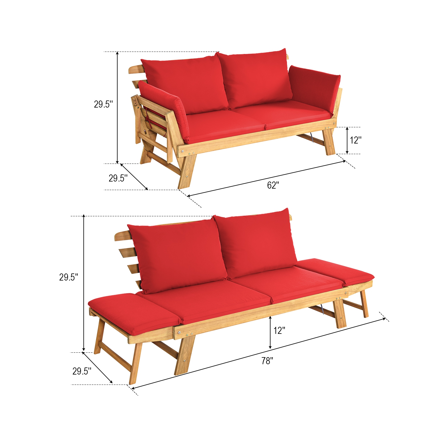 Topbuy Outdoor Folding Daybed Patio Acacia Wood Convertible Couch Sofa Bed TurquoiseRed WhiteDark Grey