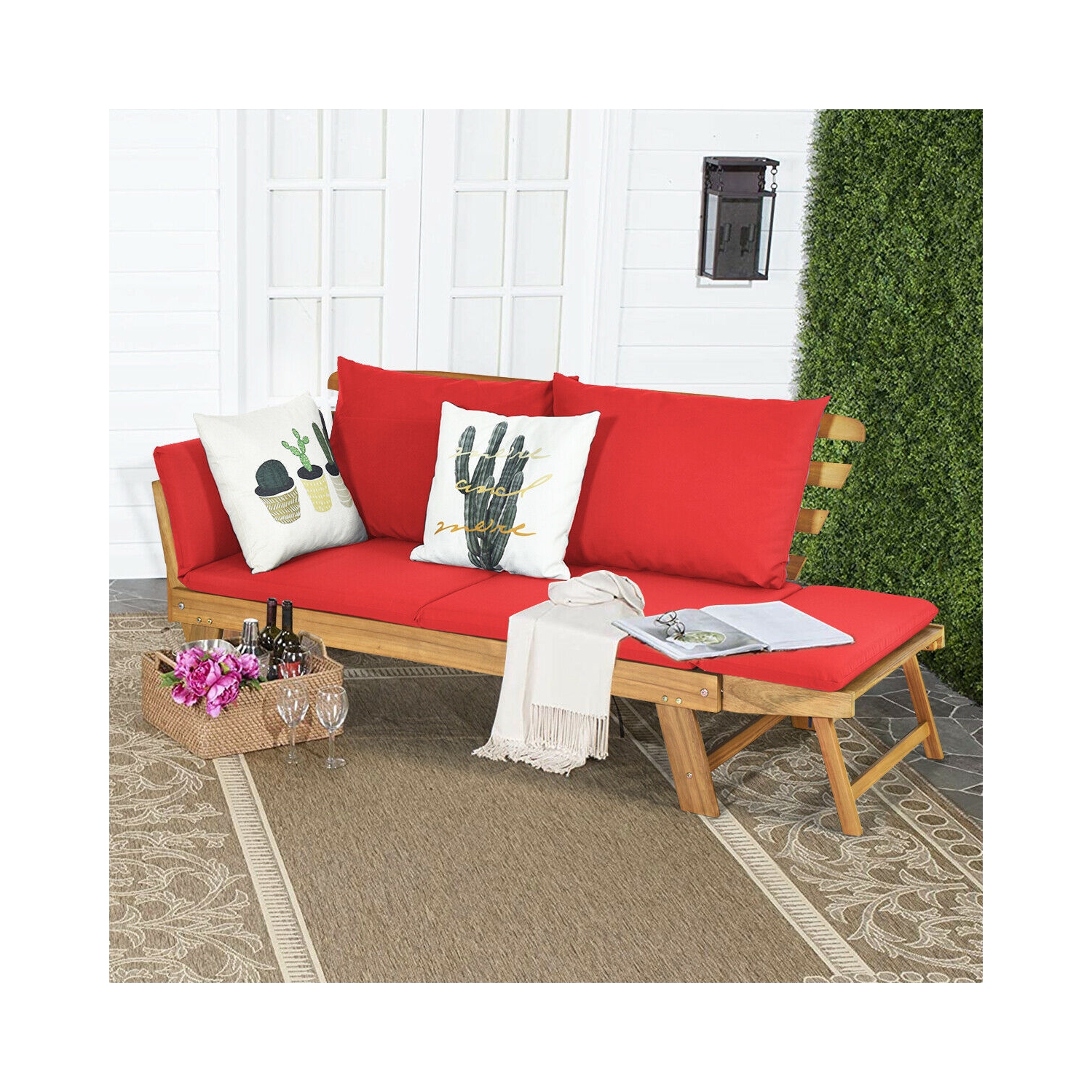 Topbuy Outdoor Folding Daybed Patio Acacia Wood Convertible Couch Sofa Bed TurquoiseRed WhiteDark Grey