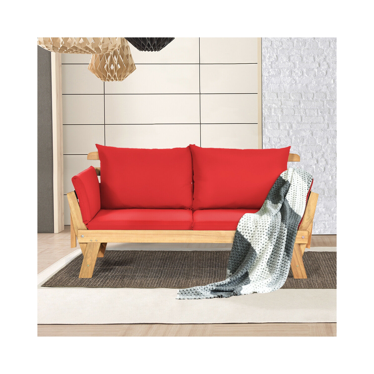 Topbuy Outdoor Folding Daybed Patio Acacia Wood Convertible Couch Sofa Bed TurquoiseRed WhiteDark Grey