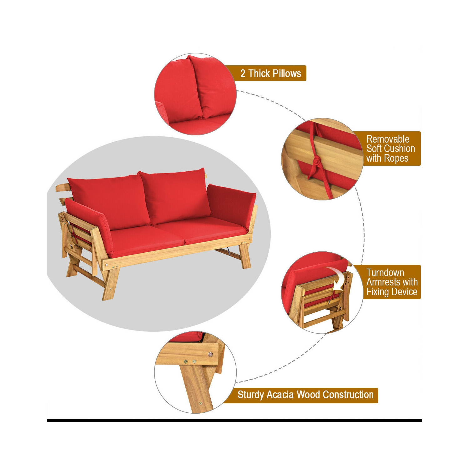 Topbuy Outdoor Folding Daybed Patio Acacia Wood Convertible Couch Sofa Bed TurquoiseRed WhiteDark Grey
