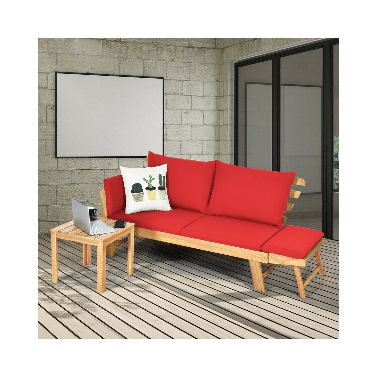 Topbuy Outdoor Folding Daybed Patio Acacia Wood Convertible Couch Sofa Bed TurquoiseRed WhiteDark Grey