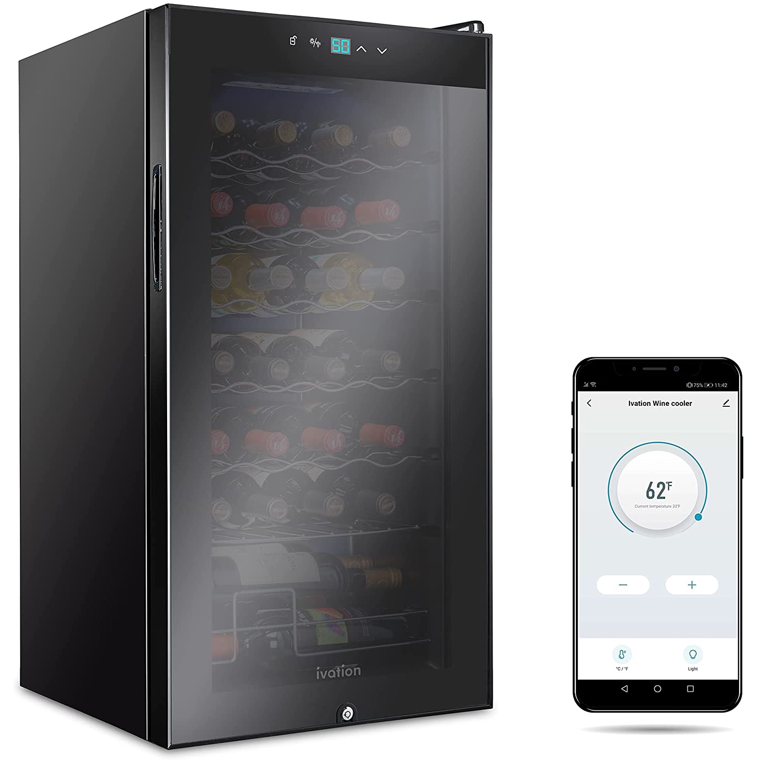 Ivation 28 Bottle Compressor Wine Cooler Refrigerator with Wi-Fi Smart App Control Cooling System | Large Freestanding Wine Cellar Fridge For Red White Champagne or Sparkling, Black Glass Door & Lock