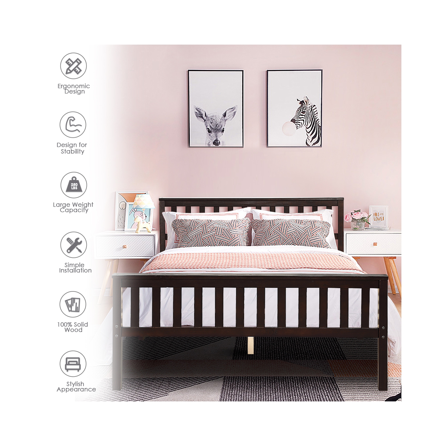 Topbuy Wood Bed Frame Wooden Slat Support Platform w/ Headboard Full Size