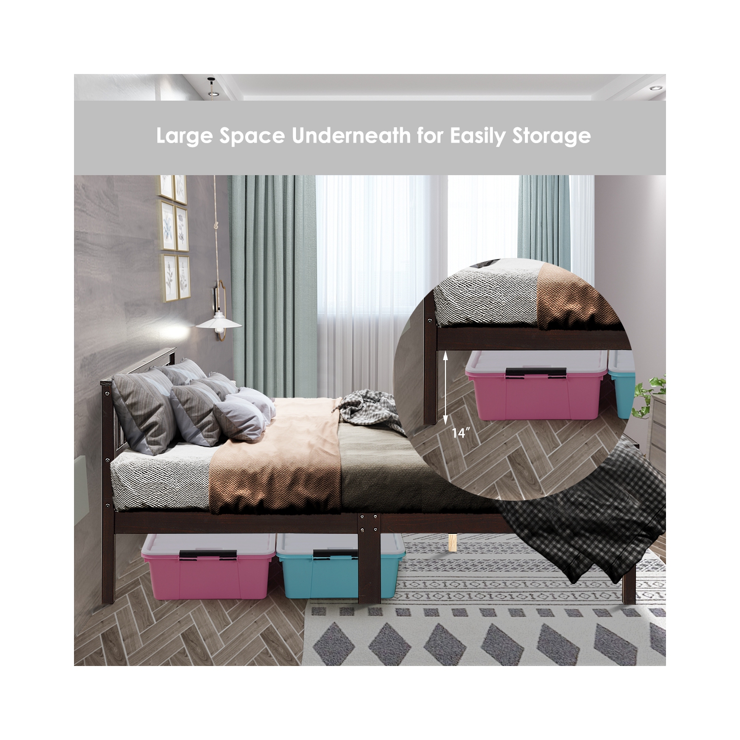 Topbuy Wood Bed Frame Wooden Slat Support Platform w/ Headboard Full Size