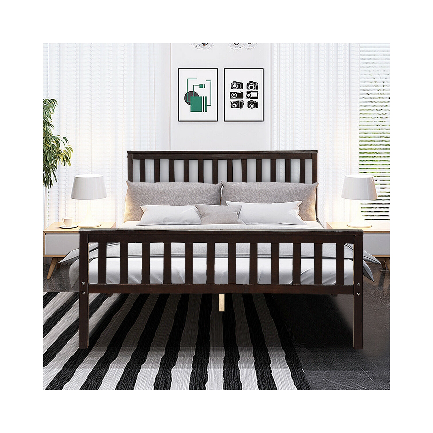 Topbuy Wood Bed Frame Wooden Slat Support Platform w/ Headboard Queen Size