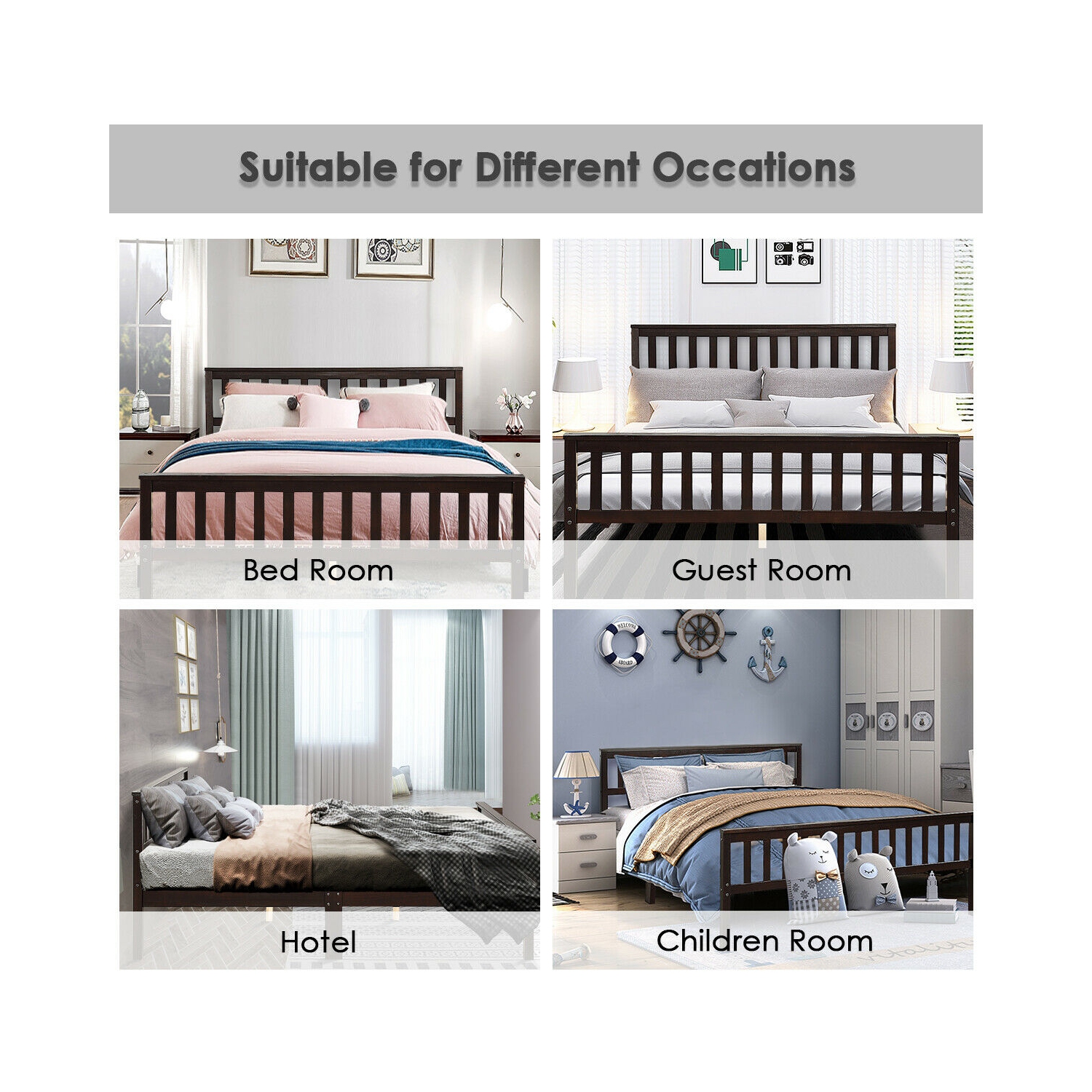 Topbuy Wood Bed Frame Wooden Slat Support Platform w/ Headboard Queen Size