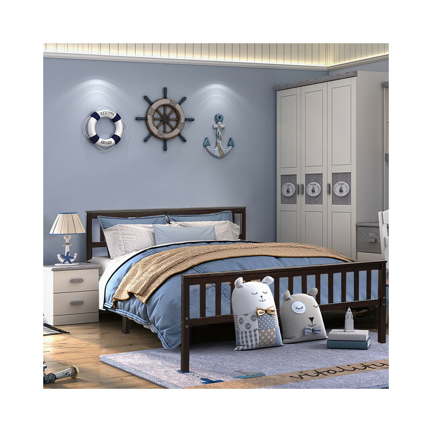 Topbuy Wood Bed Frame Wooden Slat Support Platform w/ Headboard Queen Size