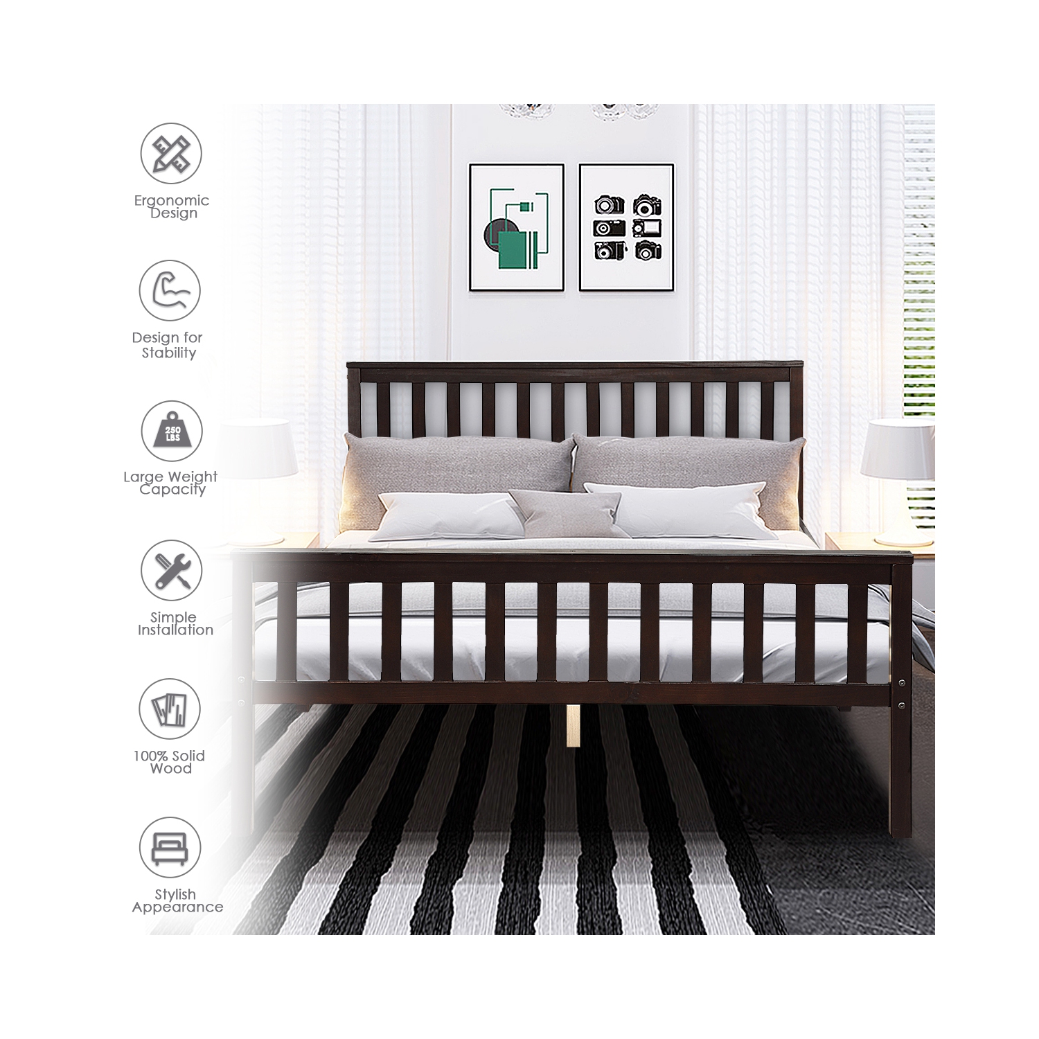 Topbuy Wood Bed Frame Wooden Slat Support Platform w/ Headboard Queen Size