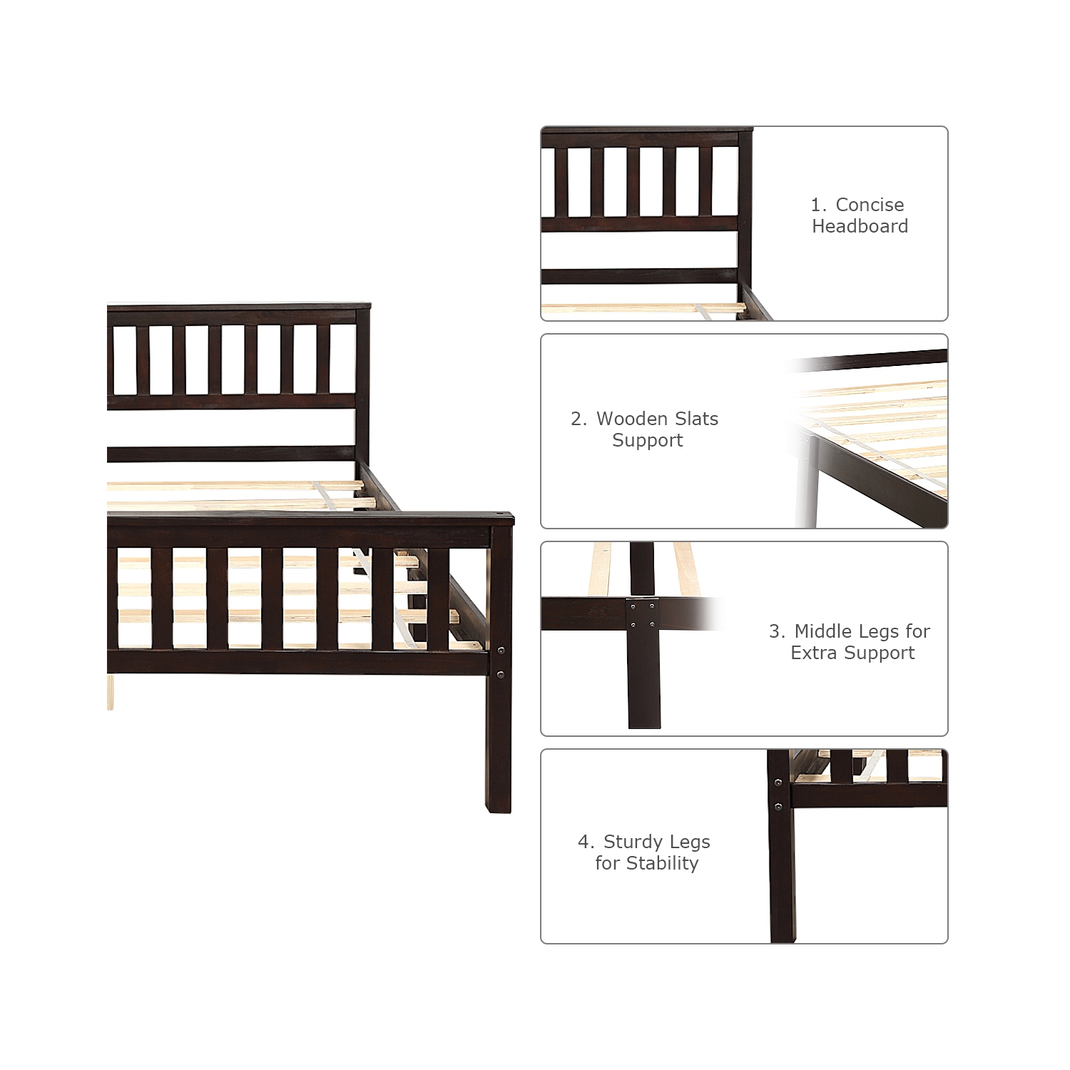 Topbuy Wood Bed Frame Wooden Slat Support Platform w/ Headboard Queen Size