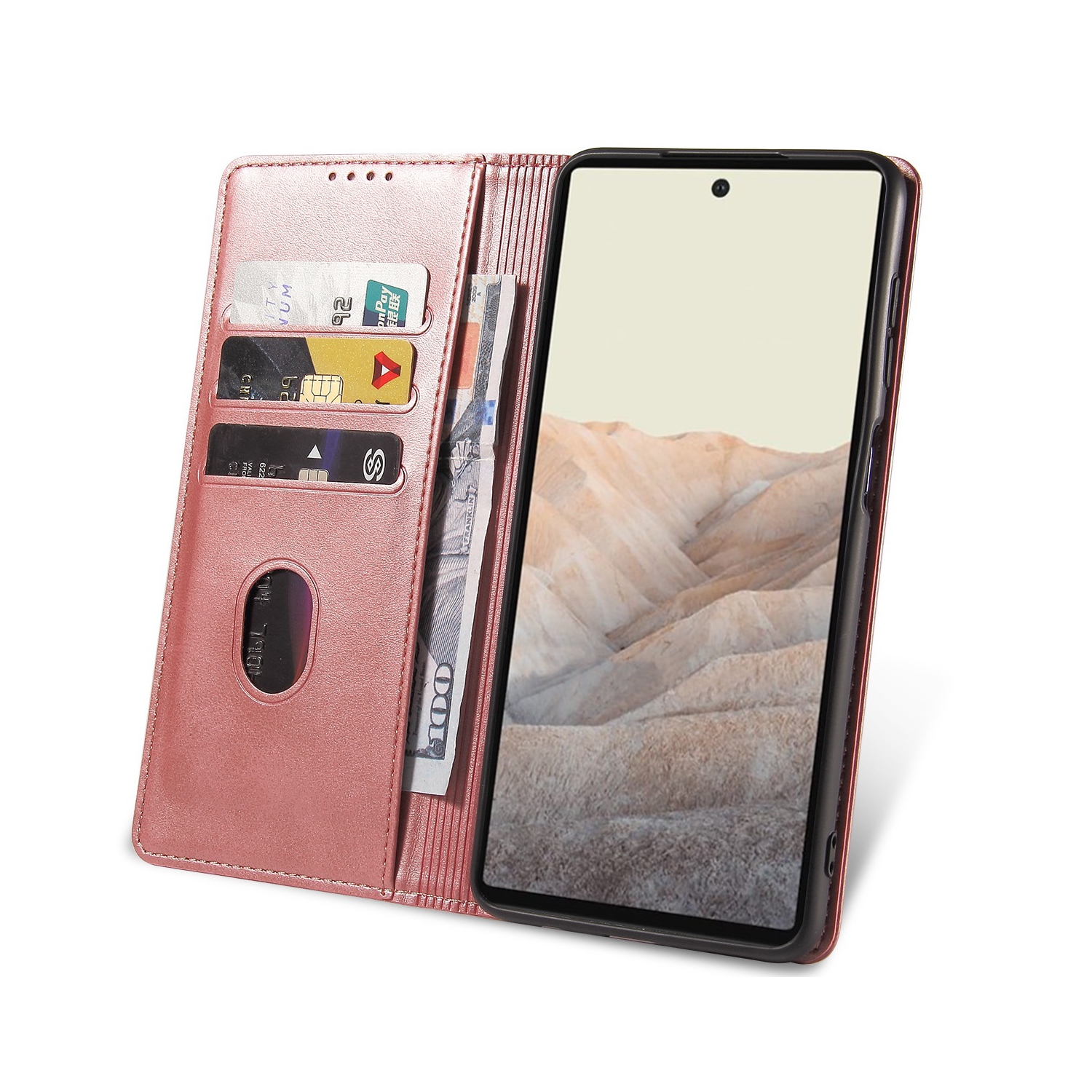 TopSave Leather Folio Flip Wallet w/Magnetic Clip Card Slot Holder Case For Google Pixel 6, Rose Gold