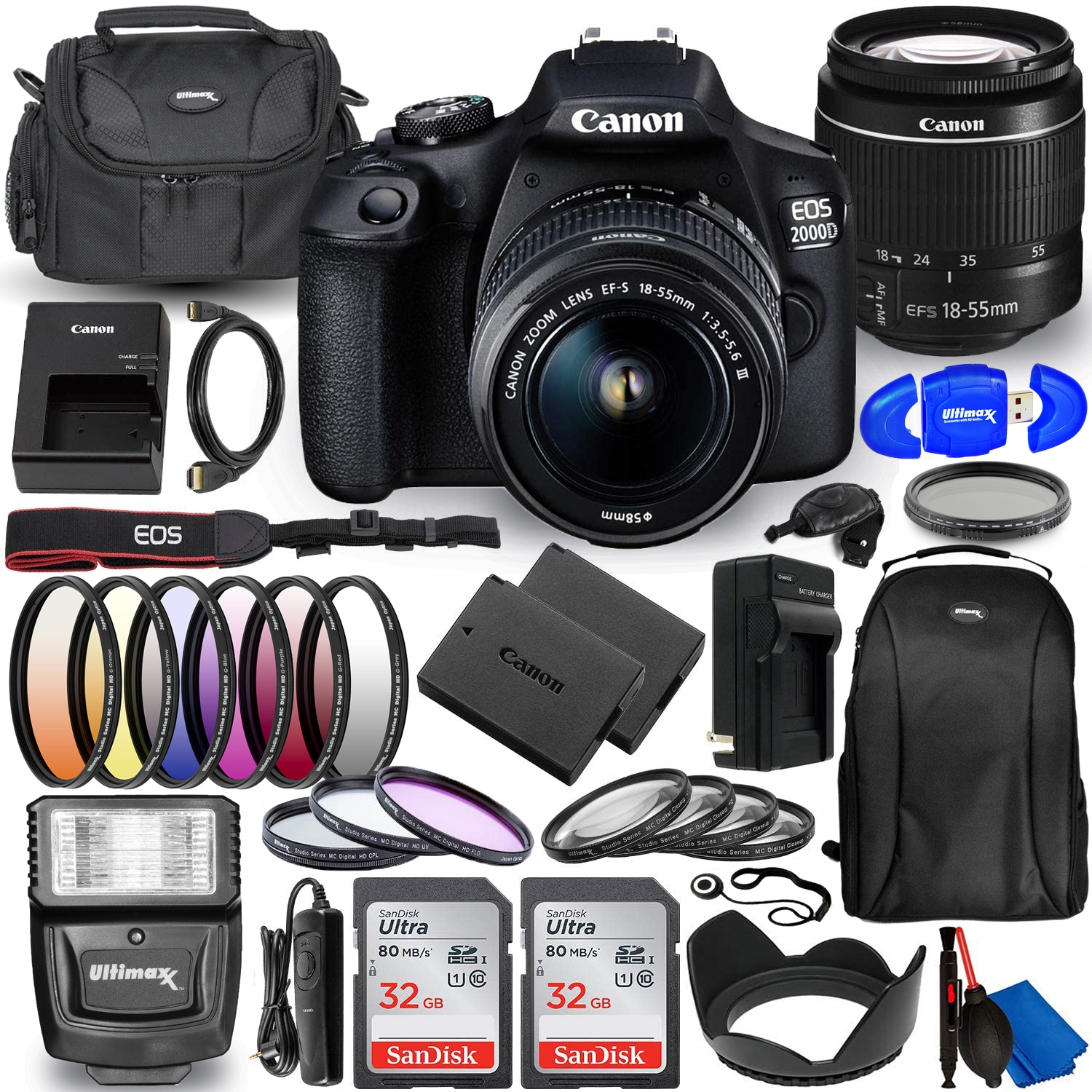 Canon EOS 2000D (Rebel T7) DSLR Camera with EF-S 18-55mm DC III Lens - Deluxe Bundle Includes: Dual Ultra 32GB (64GB) SD, Extra Battery and Charger, LED Light Kit, Case and More