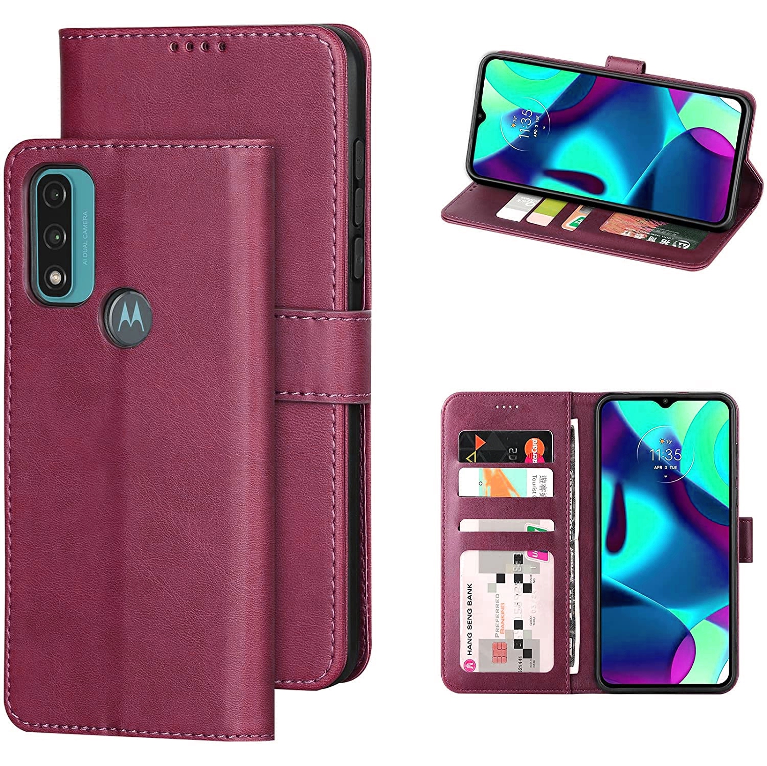[CS] Motorola Moto G Pure 2021 Case, Magnetic Leather Folio Wallet Flip Case Cover with Card Slot, Wine