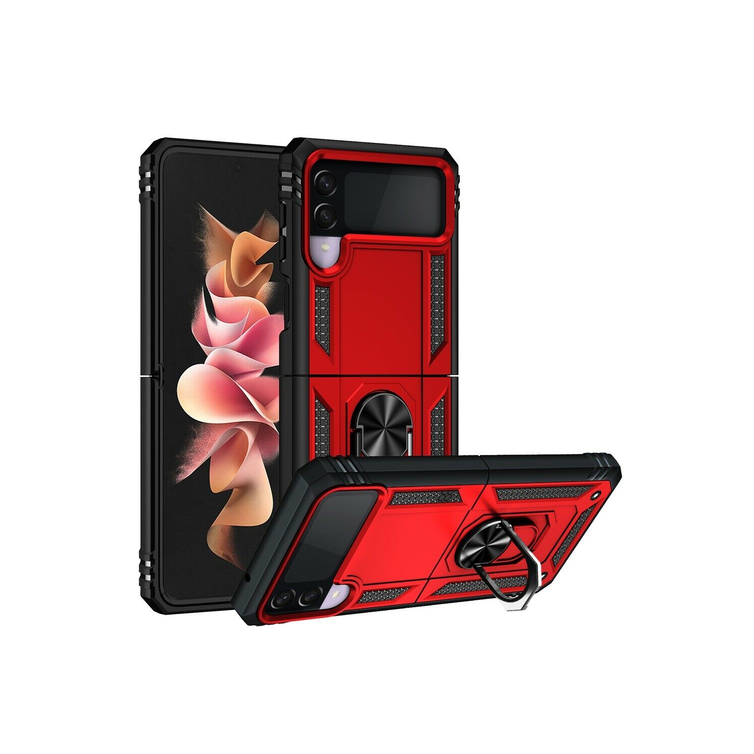 【CSmart】 Anti-Drop Hybrid Magnetic Hard Armor Case with Ring Holder for Samsung Galaxy Z Flip 3 5G, Red