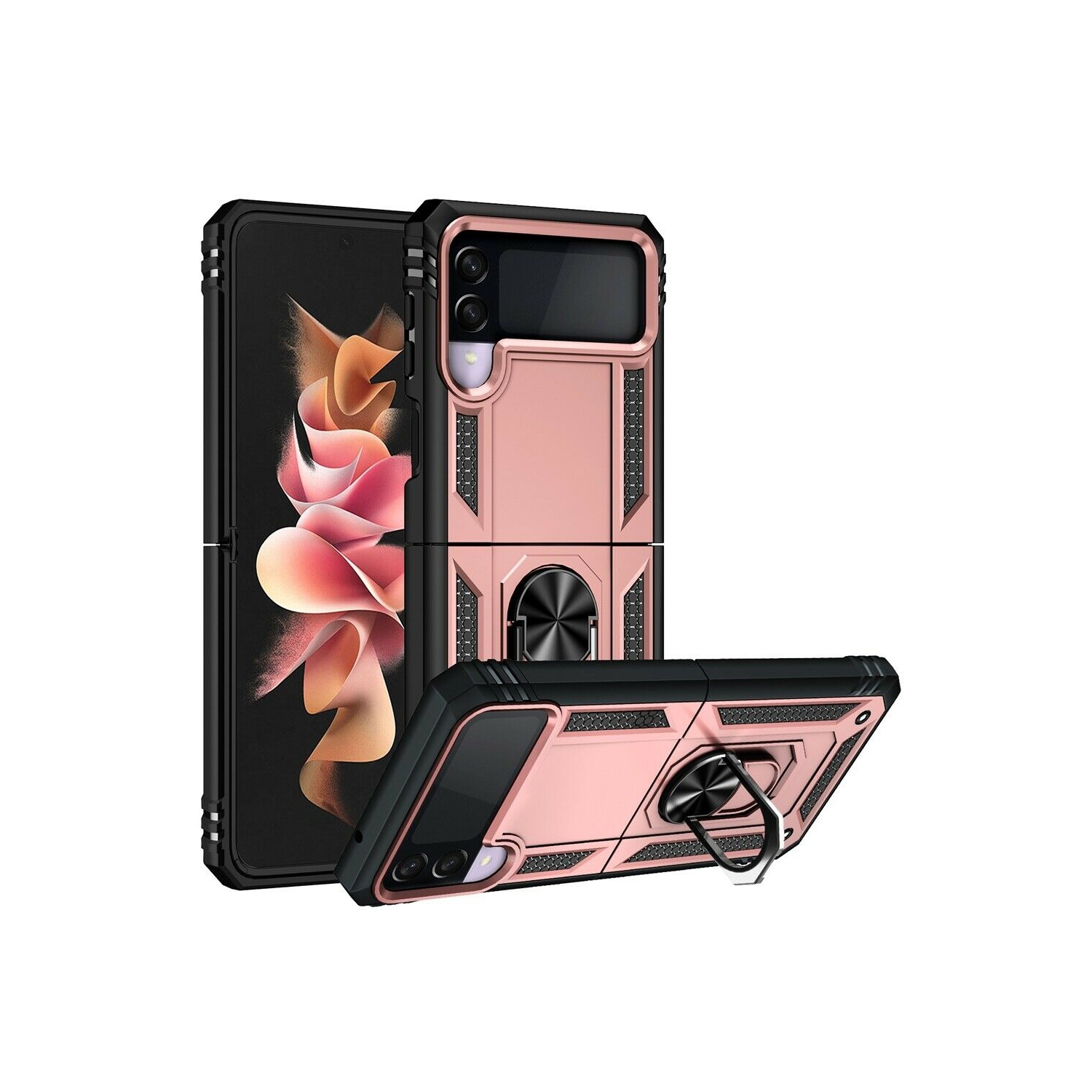 【CSmart】 Anti-Drop Hybrid Magnetic Hard Armor Case with Ring Holder for Samsung Galaxy Z Flip 3 5G, Rose Gold