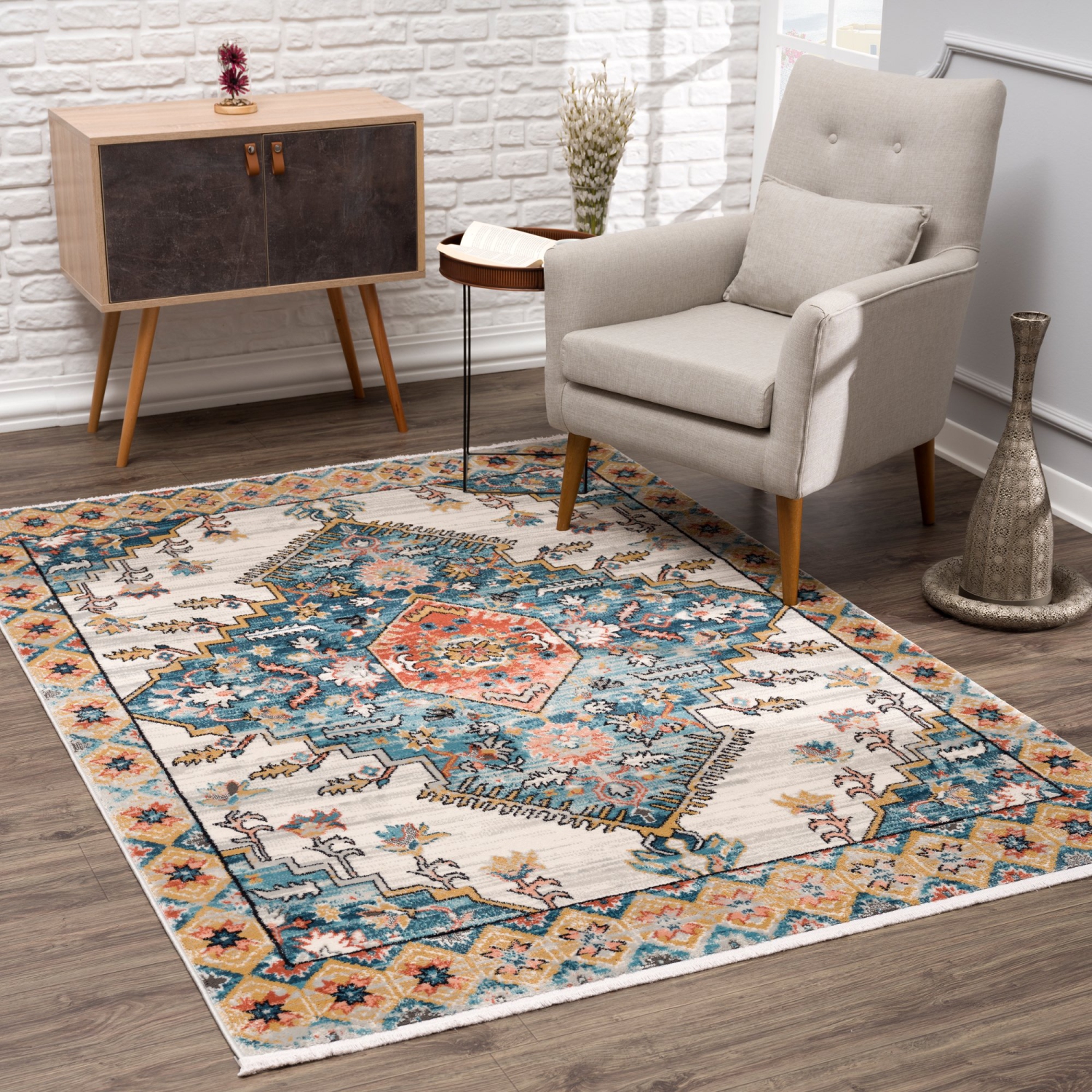 La Dole Rugs Traditional Bordered, Brown And Turquoise Rug Living Room