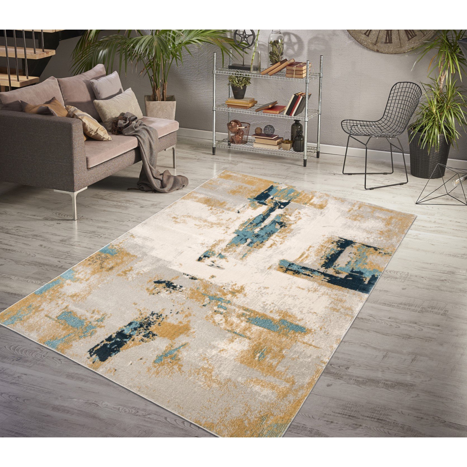 La Dole Rugs Abstract Rustic Minimalistic Modern Turquoise Blue Ivory Orange Mustard Yellow Area Rug Living Room Bedroom Carpet Tapis 6'7"x9'6"