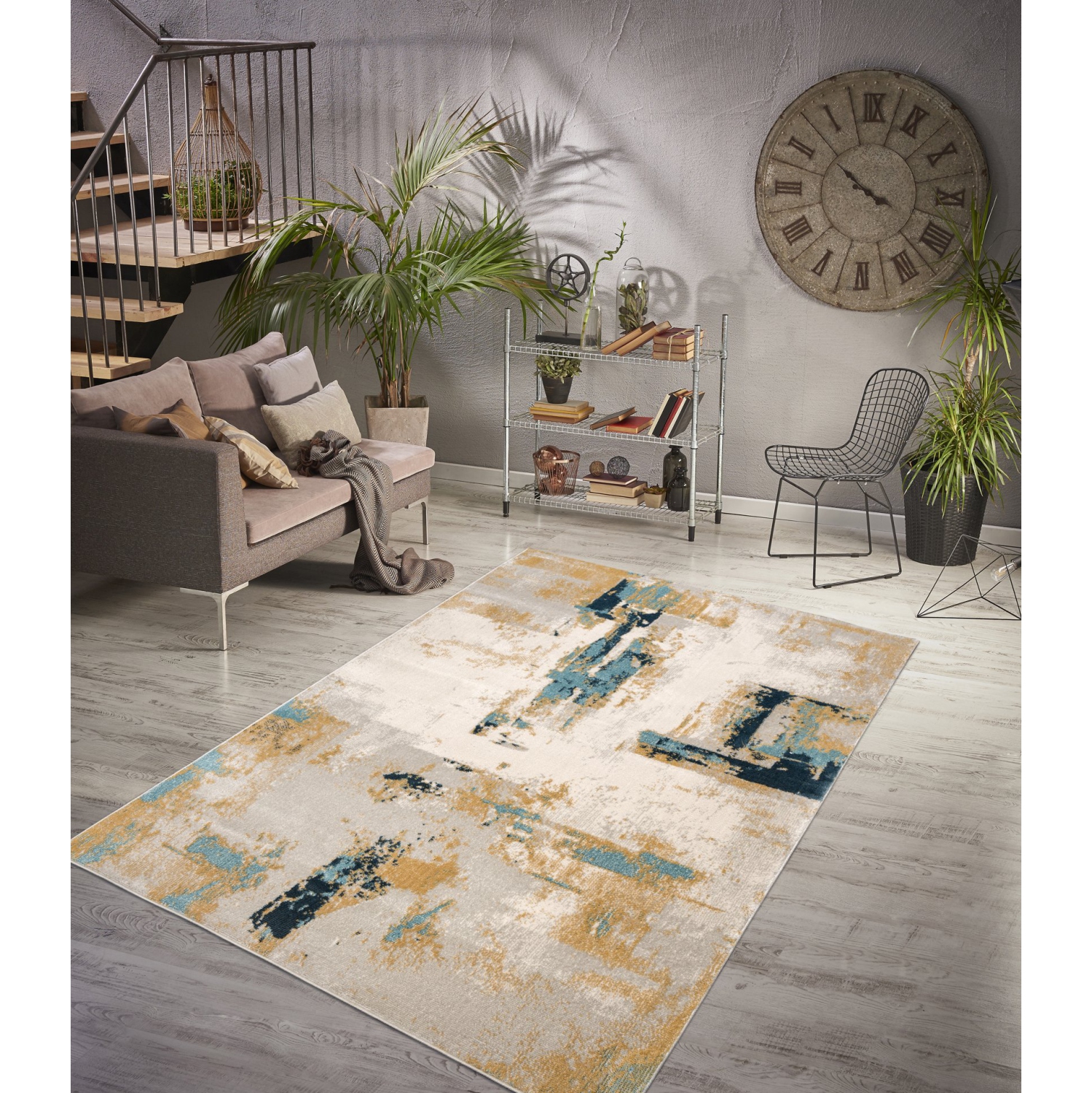 La Dole Rugs Abstract Rustic Minimalistic Modern Turquoise Blue Ivory Orange Mustard Yellow Area Rug Living Room Bedroom Carpet Tapis 6'7"x9'6"