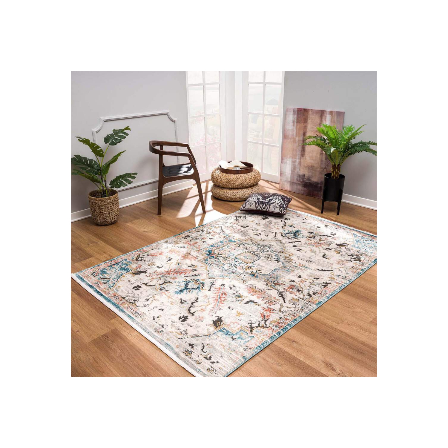 La Dole Rugs Traditional Persian Oriental Distressed Teal Turquoise Ivory Grey Red Orange Area Rug Living Room Bedroom Carpet Tapis 3'11"x5'3"