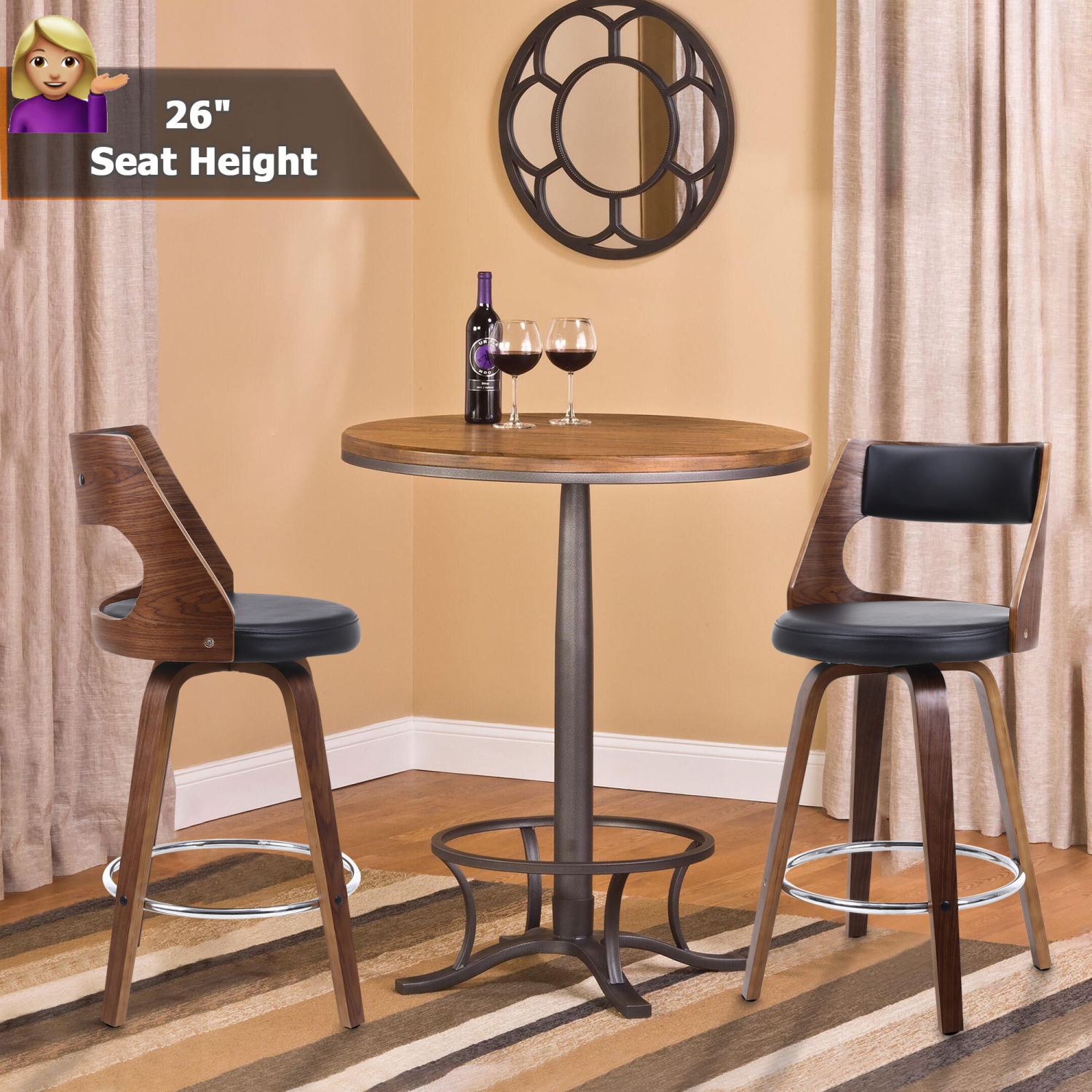 Mid-Century 26 Inch Counter Stools Barstool with Back & Foot Ring , Wood Swivel Bar Stools（18.1"L x 19.1"D x 36.2" H）