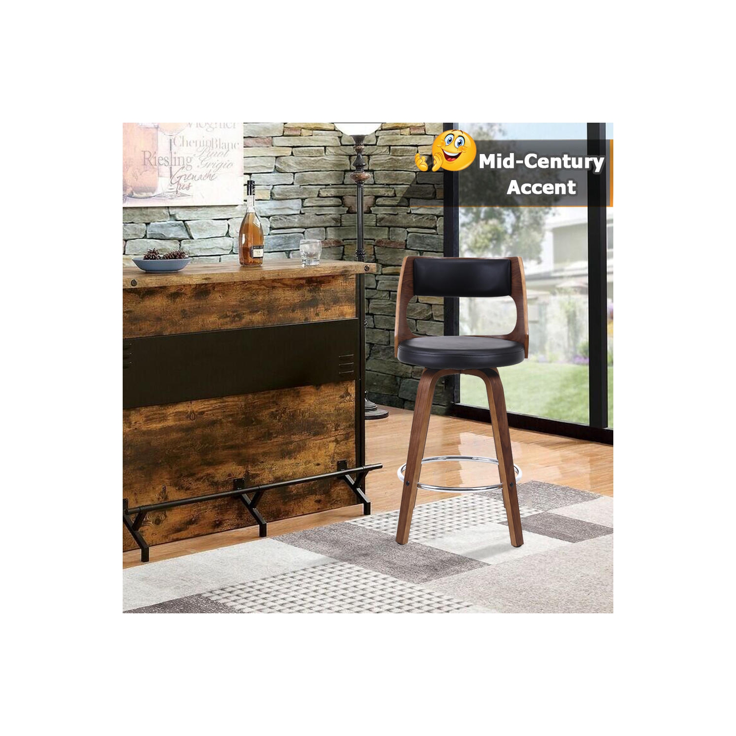 Mid-Century 26 Inch Counter Stools Barstool with Back & Foot Ring , Wood Swivel Bar Stools（18.1"L x 19.1"D x 36.2" H）