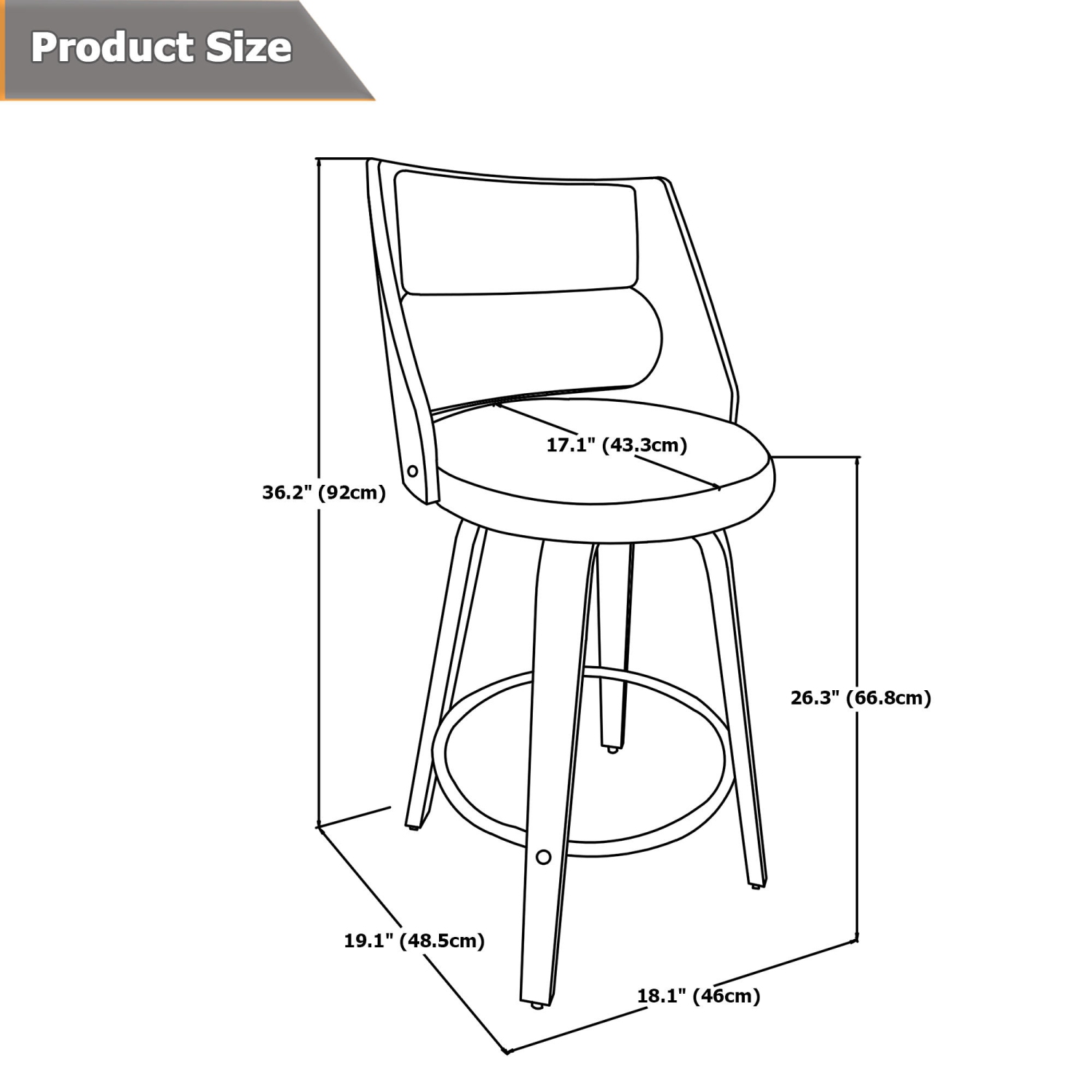 Mid-Century 26 Inch Counter Stools Barstool with Back & Foot Ring , Wood Swivel Bar Stools（18.1"L x 19.1"D x 36.2" H）