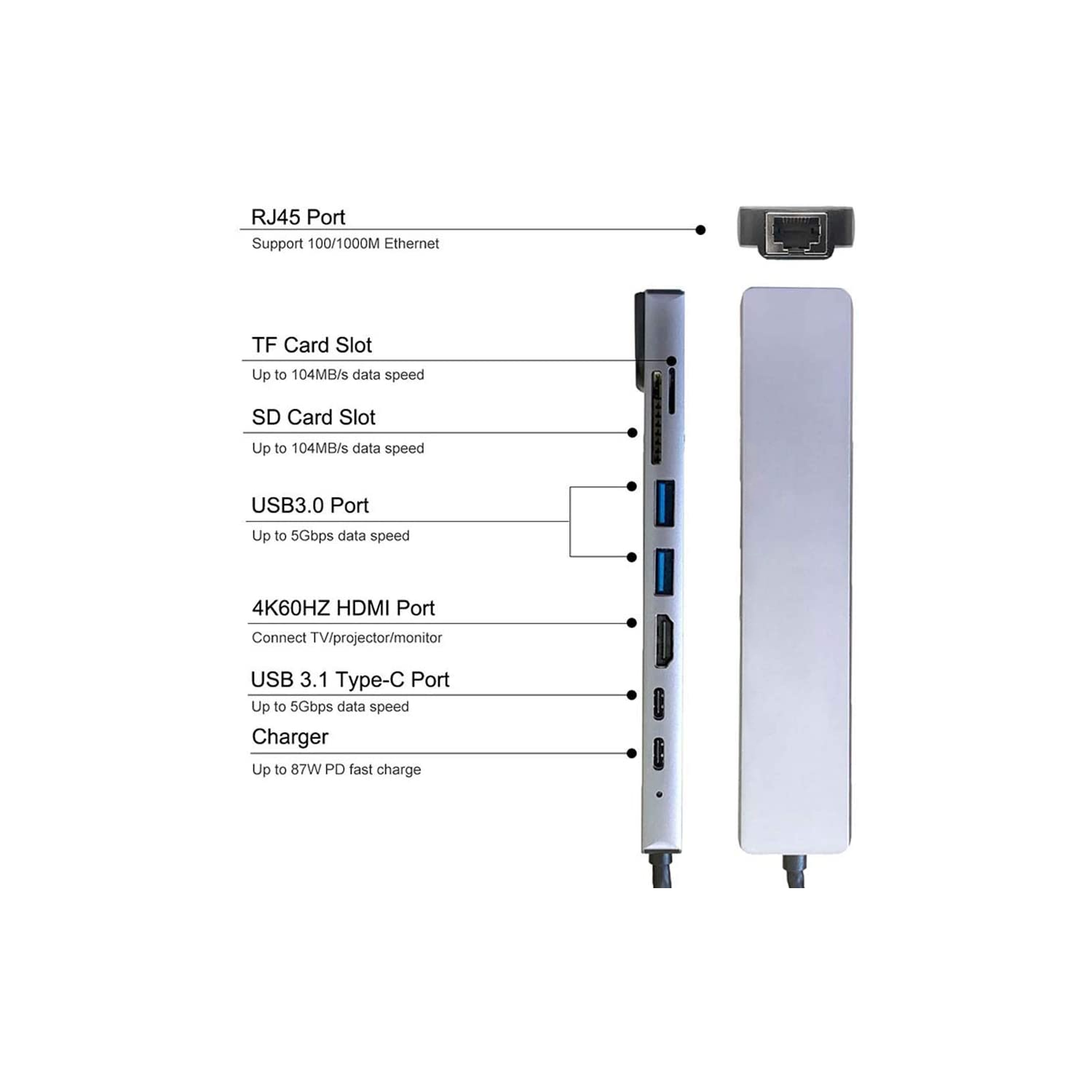 8 in 1 USB-C Hub Adapter Type-C Kabel naar 4K 60hz Converter Ethernet USB 3.0 USB C HUB Dock 1 in 8