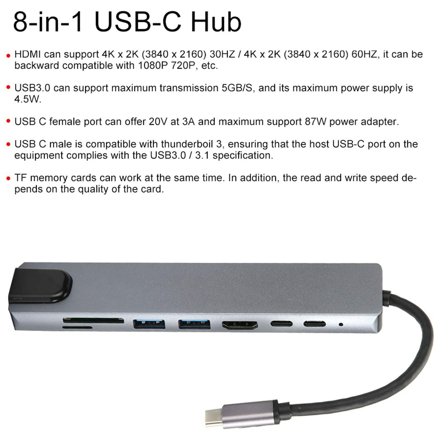 8 in 1 USB-C Hub Adapter Type-C Kabel naar 4K 60hz Converter Ethernet USB 3.0 USB C HUB Dock 1 in 8