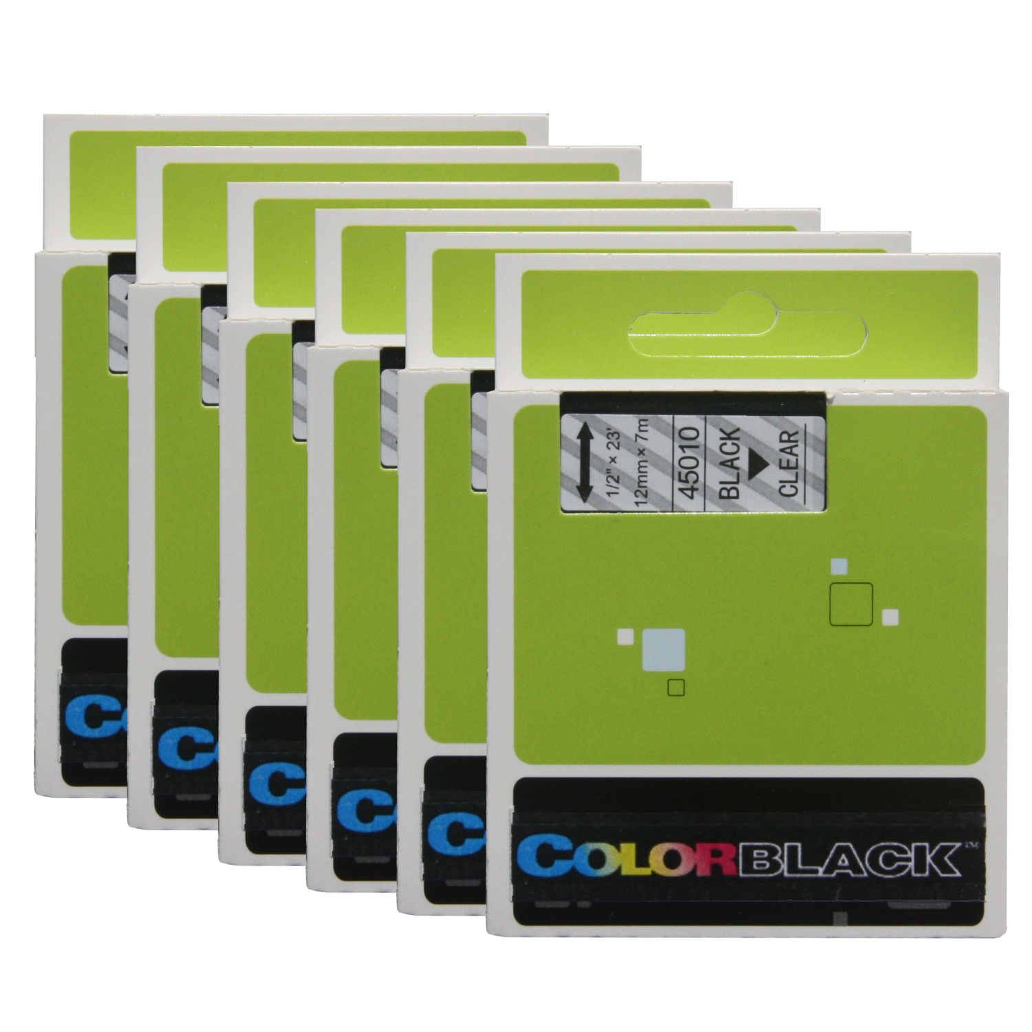 COLORBLACK® 6 Packs of Replacement DYMO D1 Label Maker Tape 1/2" Cassette Refill 45010 / S045720500 Black on Clear