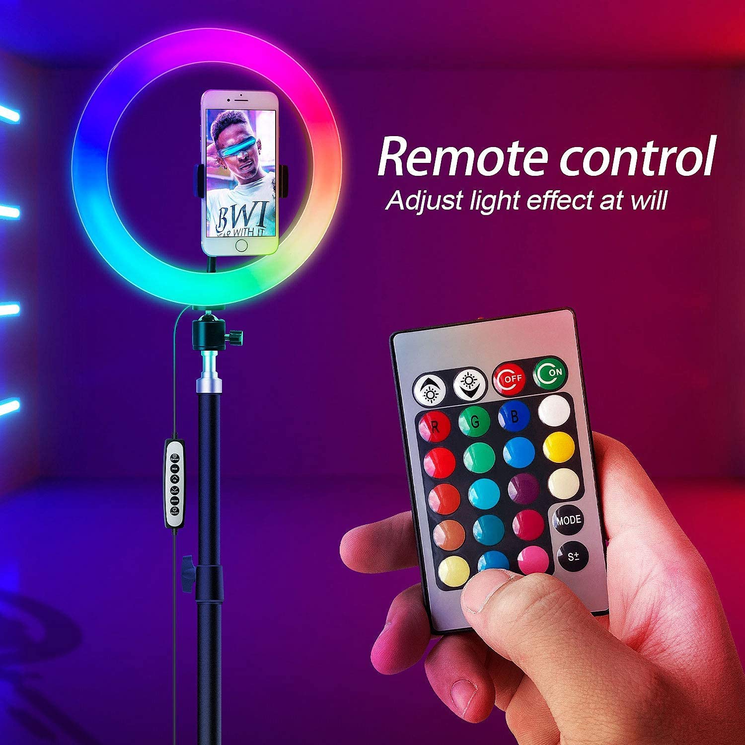 8" RGB LED Ring Light Kit with Tripod Stand & Phone Holder, 26 Colors NEON ring Lighting Scenes Dimmable Selfie for TikTok/YouTube/Live
