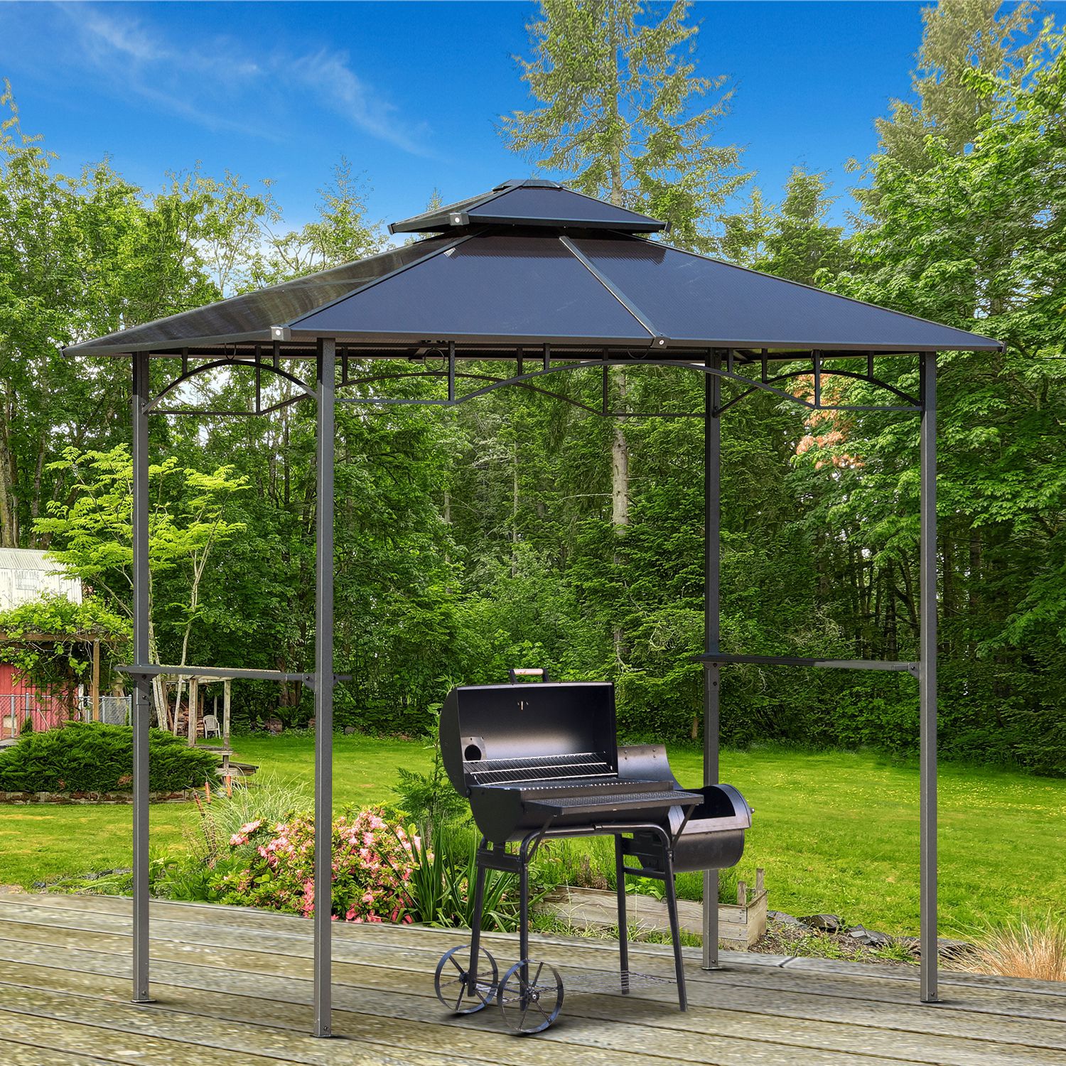 Outsunny 8' x 5' Barbecue Grill Gazebo Tente Extérieure BBQ Auvent avec Tablettes Latérales Double Couche PC Toit Aluminium